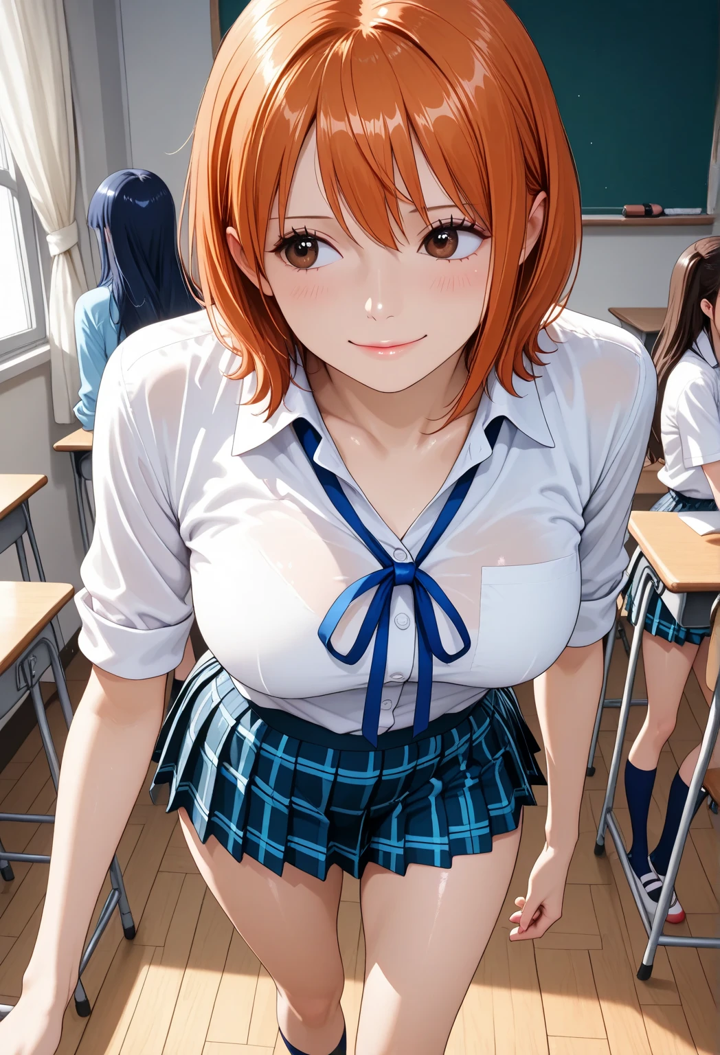 debris flieasterpiece、highest quality、Super detailed、High resolution、High resolution、8K portrait、Unity 8k壁紙のHigh resolutionCG、unity 8k wallpaper、cute:1.5、:1.5、Highly detailed CG unity 8k wallpaper、realistic、real person、cute、 portrait photography、shiny skin、High resolution、Orange bob hair、(16 years old:1.2)、(1 girl)、(classroom:1.6)、(school uniform),perfect face, seriously, (blush:1.5),(((clothing lift:1.5))), (medium breasts:0.8),(((I have nipples))) ,Detailed description vagina,show vagina,spread legs,spread ,((vaginal orgasm:1.7))、green rabbit ears ribbon