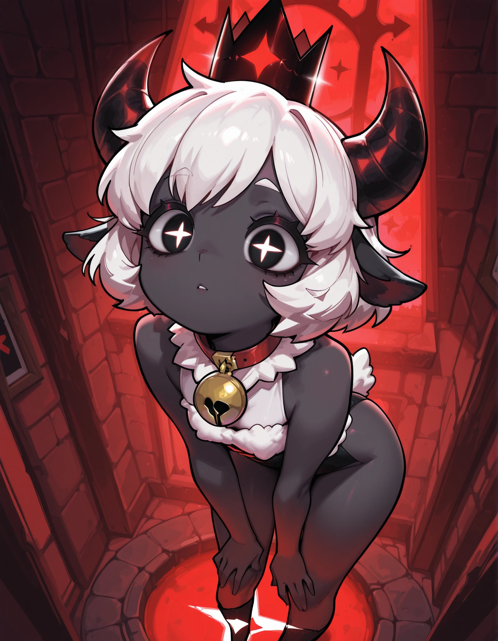 CuteToon_ST,, masterpiece, best quality, very aesthetic, 1girl, solo, cult of the lamb, sheep girl, collar, horizontal pupils, red/black eyes, red crown,