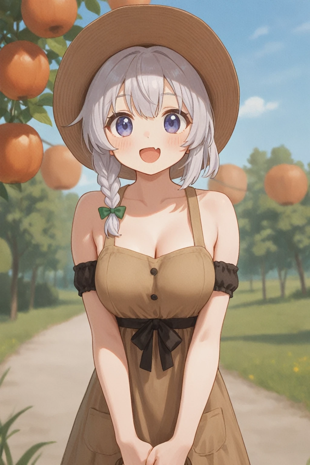 (masterpiece, best quality), female legal age, supple, central asian, gray eyes,   round chin with cleft,   widows peak forehead, unusual face shape, cute navel,  , silver blonde half-up, half-down hairstyle hair, trust wearing summer jumpsuit, tube top,  , shoulder peek, off-shoulder attire, revealing a hint of skin, adding an alluring touch, sunrise lighting, the soft, gradual light of a sunrise, symbolizing new beginnings and hope, a vibrant farmer's market, bustling with people and colorful produce