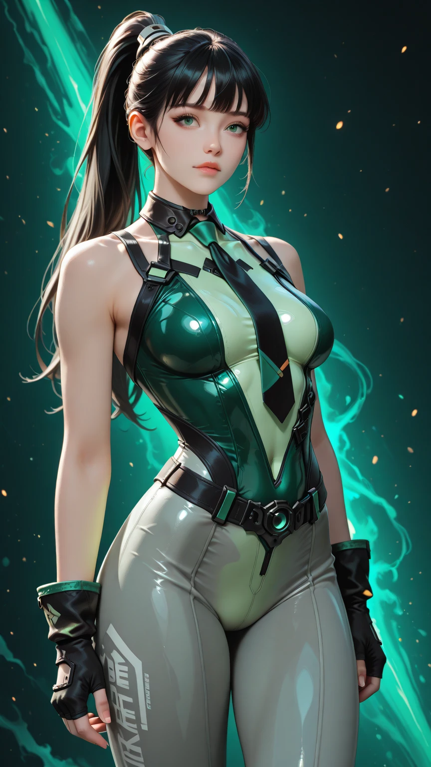 Best quality, masterpiece, highly detailed, Sexy female demon, black background, green energy magic, greenglowing eyes, bright glow, pale skin, dynamic pose, kawaii, fit build, gorgeous perfect face, in the style of realistic and hyper detailed renderings, zbrush, hyper realistic oil, contoured shading, dark scene, darkness, cleavage, huge breasts, slim waist, solo,