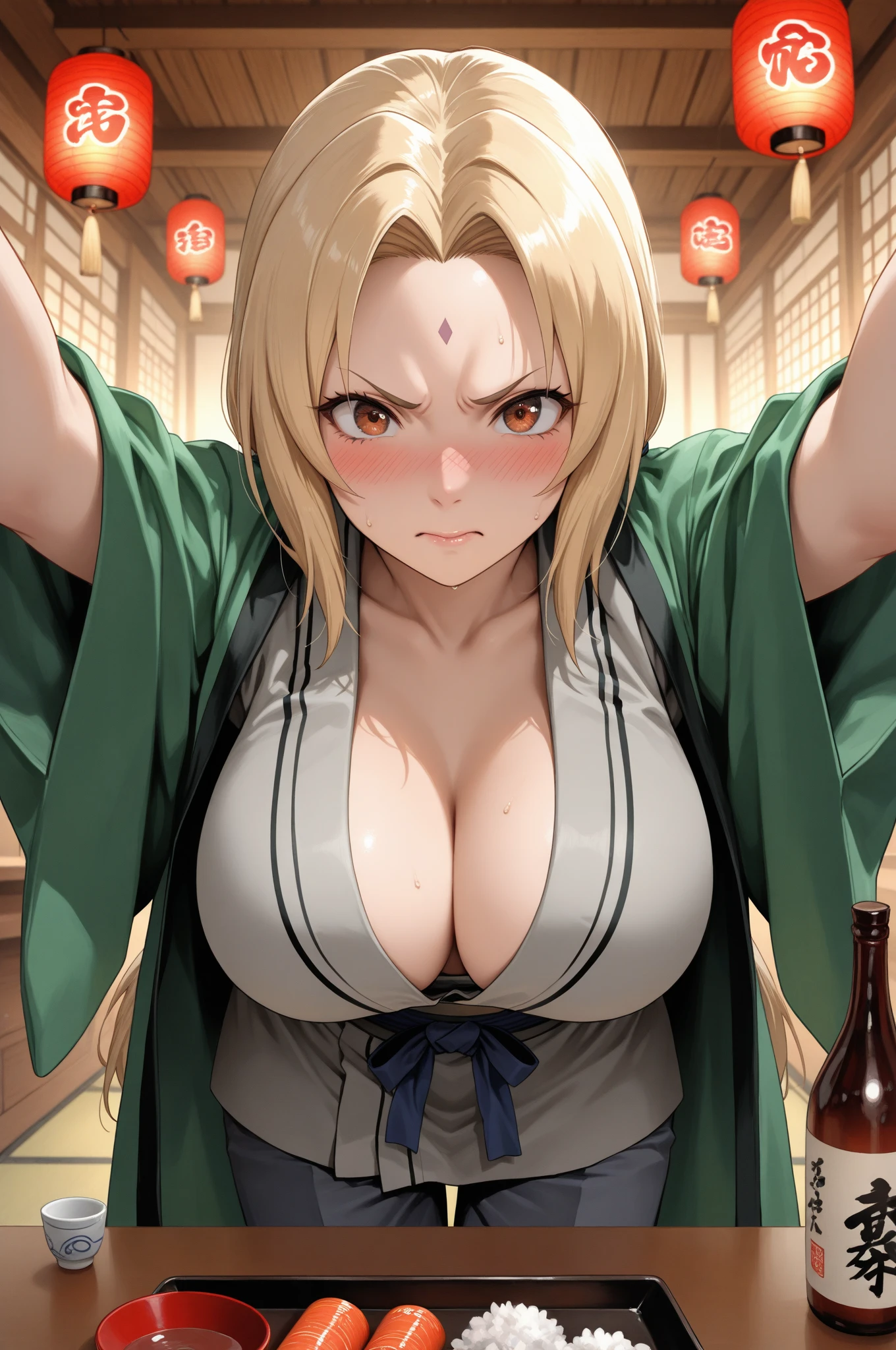 Chica de ojos grandes, ((kimono)), big breasts, (2d line:1.3), jolyne  ((alone)) ((only)) ((neckline)) sexy 
