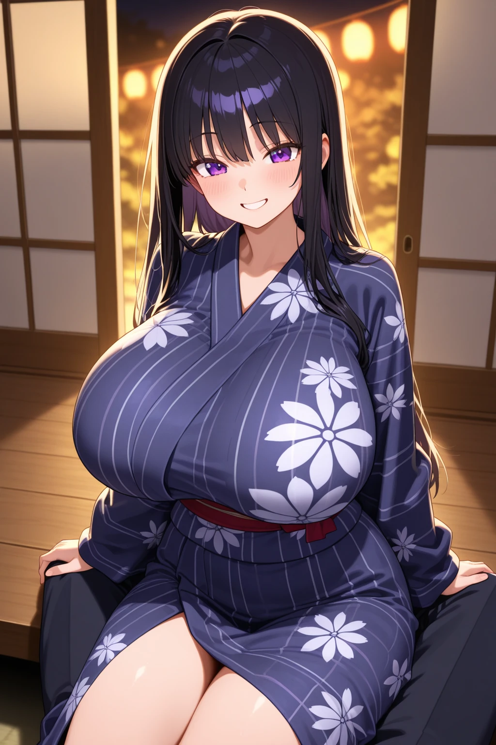 (best quality:1.5, highres, UHD, 4K, detailed lighting, shaders, HDR), himejima akeno, long ponytail, large breasts, off shoulder yukata, cleavage, sexy, smiling, close shot, night background