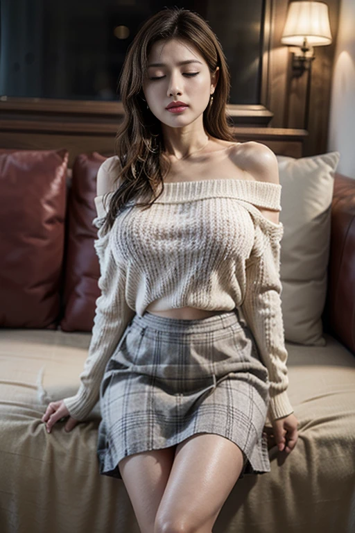 absurdres, RAW photo, extremely delicate and beautiful, masterpiece, Best Quality, ultra high resolution, 32k, hyperrealistic, ultra-detailed, detailed description, pale skin, 20 years old, detailed beautiful face and eyes, tearful mole, earring, (Colossal tits), short medium hair, wavy hair, full body shot, alone, shirt, skirt, bare legs, bare shoulder,