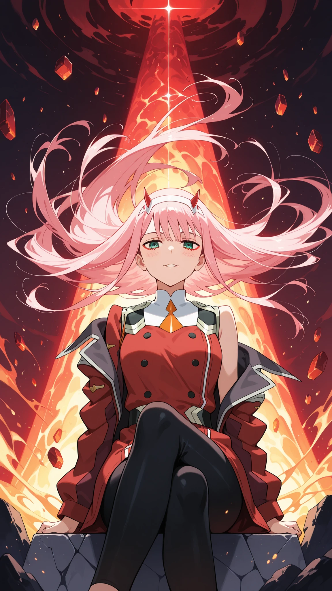 masterpiece, best quality, IncrsLowTier, electricity, glowing eyes zerotwo horns, hairband, necktie, red dress, pantyhose horns, hairband, red , armlet, mecha horns, hairband, white , white gloves, cap, red dress, white gloves, jacket on shoulders, pantyhose, cyber_armor body_suit,huge_, tall female, fulll body, sun light, smile,, sun aura,, boots, standing, smile, lips, red lips, fangs, sharpteeth,,{best quality}, {amazing quality} {best quality},{amazing quality},, {absurdres},{{highres}}, {very aesthetic}, {detailed}, , tall, , character focus, white background,full-length portrait,, huge , huge muscles, huge thighs, curvaceous, venus figure,pink hair