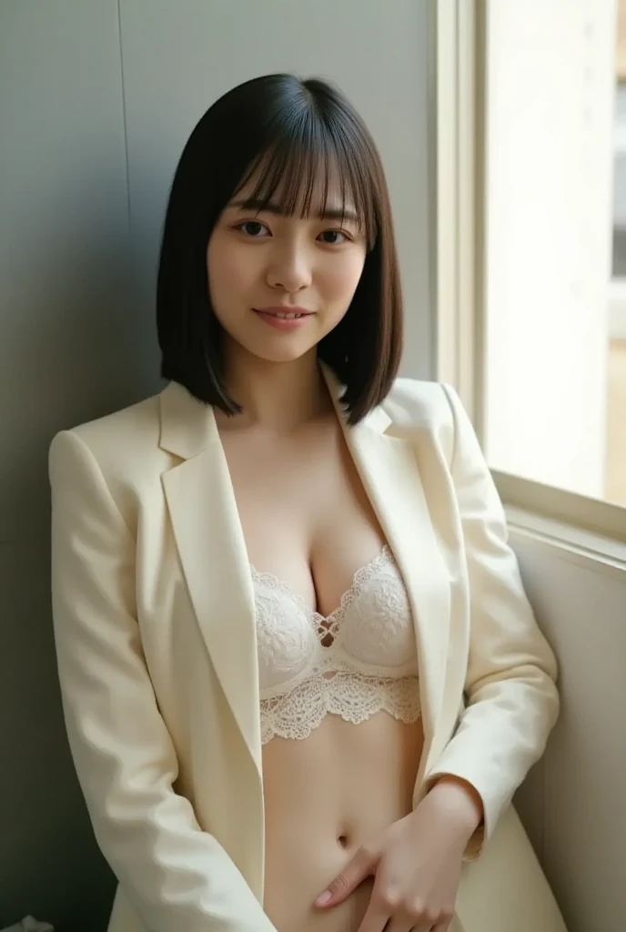 25 year old beautiful female doctor，wearing a white coat，surgeon, purple lace panties，Purple Lace Bra，Flashy makeup with red eyeshadow，sexy pose，best smile:1.2，best smile，wearing black high heels，The white coat is unbuttoned and exposed..:1.5，Spread your legs and squat down，micro-bra:1.5，micro panties:1.5，