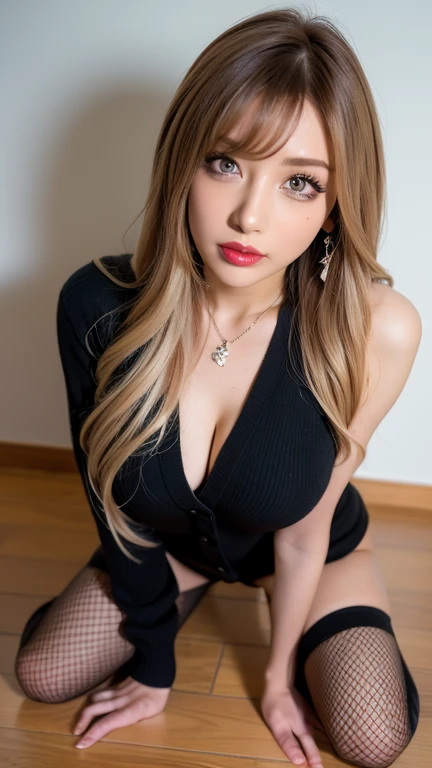 ((最high quality,masterpiece,high quality))gravure,Small face, 最high quality, shape, Very detailed, High resolution, 8k wallpaper, 完璧なダイナミックな構shape, Beautiful and detailed、Big eyes,Long eyelashes:1.35,Natural color lip, Bold sexy pose,22-year-old woman,beauty,Ultra-realistic raw photos,Supermodel body type，10 heads，Detailed face，Very detailed目，Beautiful attention to detail ，Very detailedなスキン ，Glowing Skin,Perfect Anatomy，Tall Woman ，((Straight blonde long hair:1.1)) ,Sexy Legs, Sexy thighs,Plump thighs, There is cleavage in the chest，Big Breasts:1.1,((Black Halter Neck Dress:1.5)），Silk dress, ((necklace:1.45))，(Chubby body type:1.1) , Dim lighting:1.5 ,Night photography,  ((Earrings:1.35)) , Night Lounge, Sitting leaning on the couch, front view of front seat, (sitting:1.3),(skirt:1.3), nsfw, show off panties, white panties, (cameltoe:1.2), (from below:1.3), Keep your eyes on the camera
