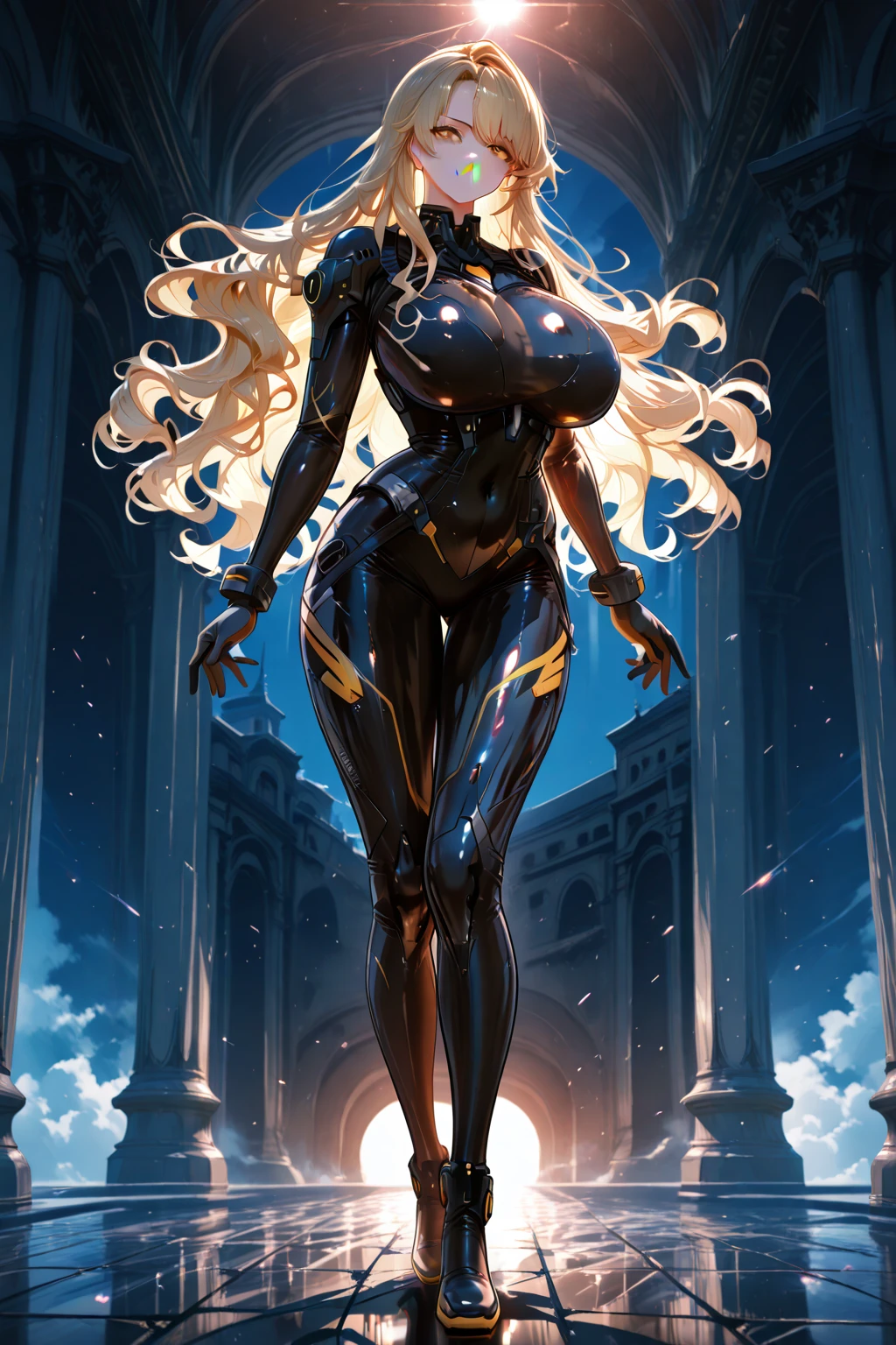 (Samus Aran), ((Wearing black alien armor with golden parts, extremely glued to the body and tight)), ((gigantic breasts)), ((blonde hair, with clip, hair with big bangs in front of the eyes)), ((staring at the viewer)), (((doing erotic pose leaning on an object))), ((in an ancient alien temple, figurines, large tombstones with illegible writing, large pilasters, lights stuck on the walls, is at night, open area)), ((((full body)))), 16k, UHD, ((better quality, better resolution, better detail)), (((Super Metroid)))
