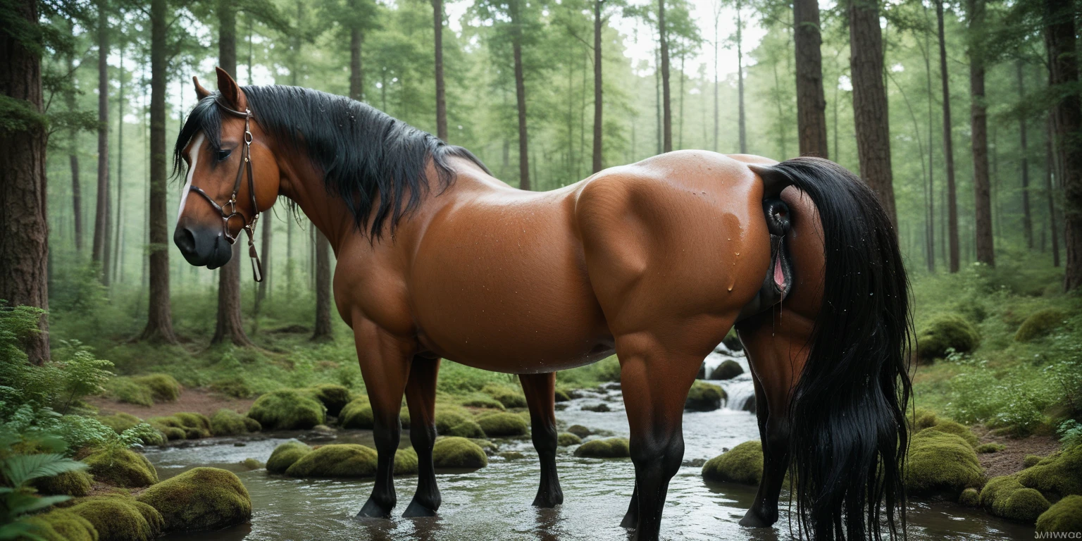 3/4 rear(100) view of big wide (Shire horse:1 (hairy:2) (black: 3) [brown:1]) mare with lumps of horse dung pouring out of the centre of a big bum and sliding down legs. facing away from view point - towards horizon. wide open rectum and anus in full view. full of horse dung. large volume of  light yellow urine coming from anus forming a large flood on the ground. tail to left side. ((masterpiece)), ((best quality)), ((highres)), ((extremely detailed)), (( back view)), (super realistic) . anatomically correct. horse surrounded by 5 lumps of steaming dung. open field. bright sunny sky. view includes 4 legs and hoofs. raised head and ((tail)).