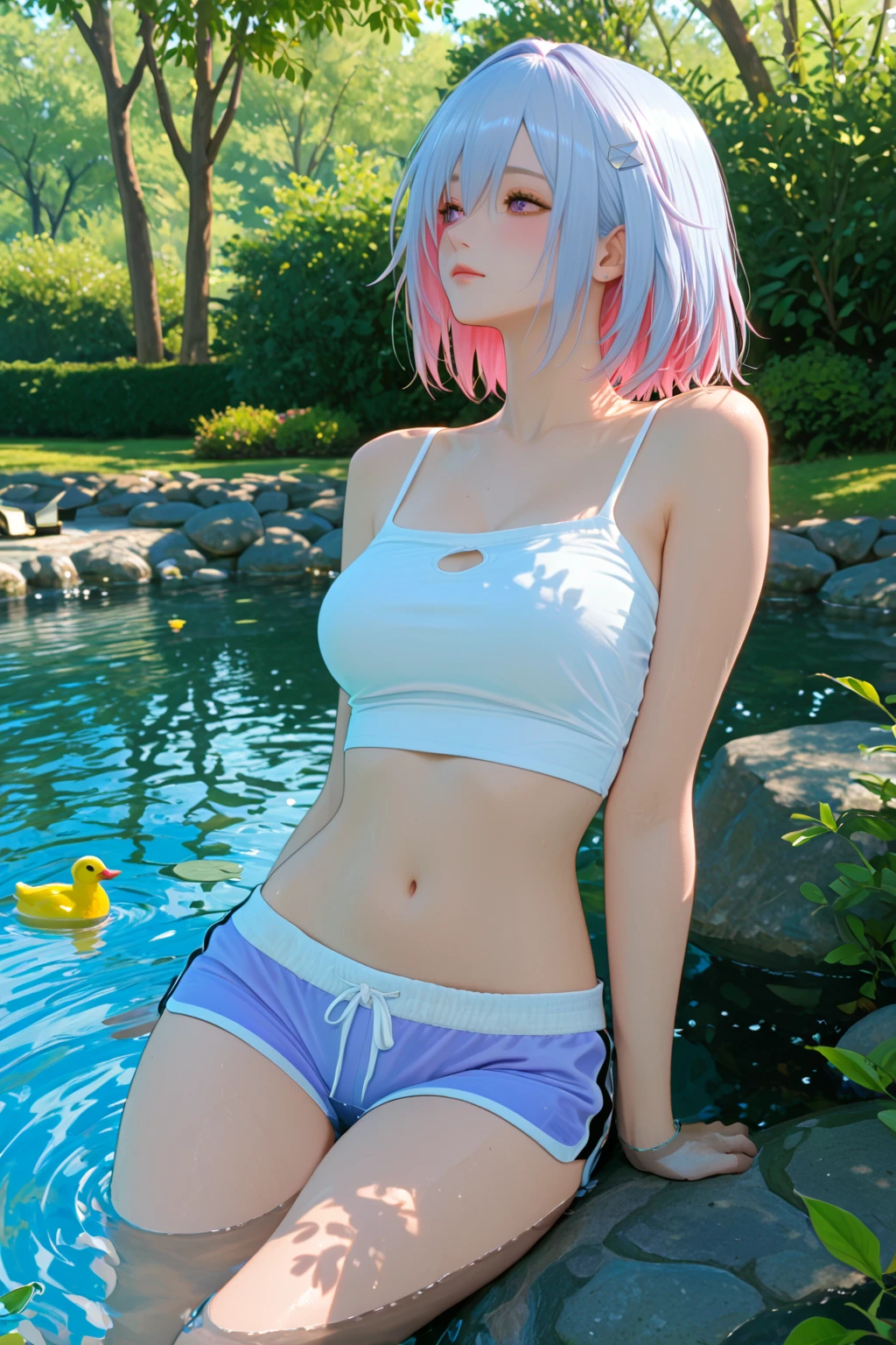 photorealistic, real human skin, 24 year old girl, lonely, thin white skin, soft lips, bright eyebrows, (small breasts), head, eyes and toes directed anteriorly (forward). Upper limbs at the side of the body with the palms facing forward, wearing black sports shorts with purple, purple bra with white accents and a purple overcoat, floating in a landscape of Northern Ireland. --auto --s2