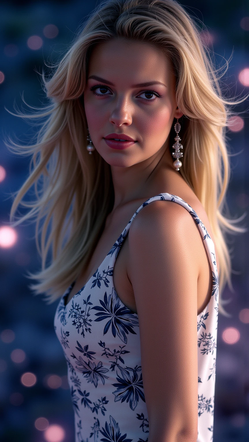 1 woman ((upper body selfie, happy)), best quality, masterpiece, high resolution,ultra-detailed,porcelain dress,hair ornament,necklace,jewelry,beautiful face,blonde curly hair,on top of body,tyndall effect,photorealistic, dark studio,rim lighting,two-tone lighting,(highly detailed skin:1.2),8k uhd, Dslr, soft lighting, high quality, volumetric lighting,  sincere, photography, high resolution, 4k, 8k. --auto --s2