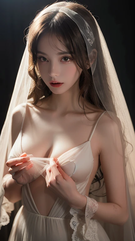 (NSFW),(RAW photo, Best quality), (Realistic, photo-realistic:1.2), 2girls, High quality, (highdetailskin:1.4), Two girls hugging，The chests squeeze against each other,huge tit,(cum_on_body:1.3),,white wedding dress,in a lift, in a elevator,,