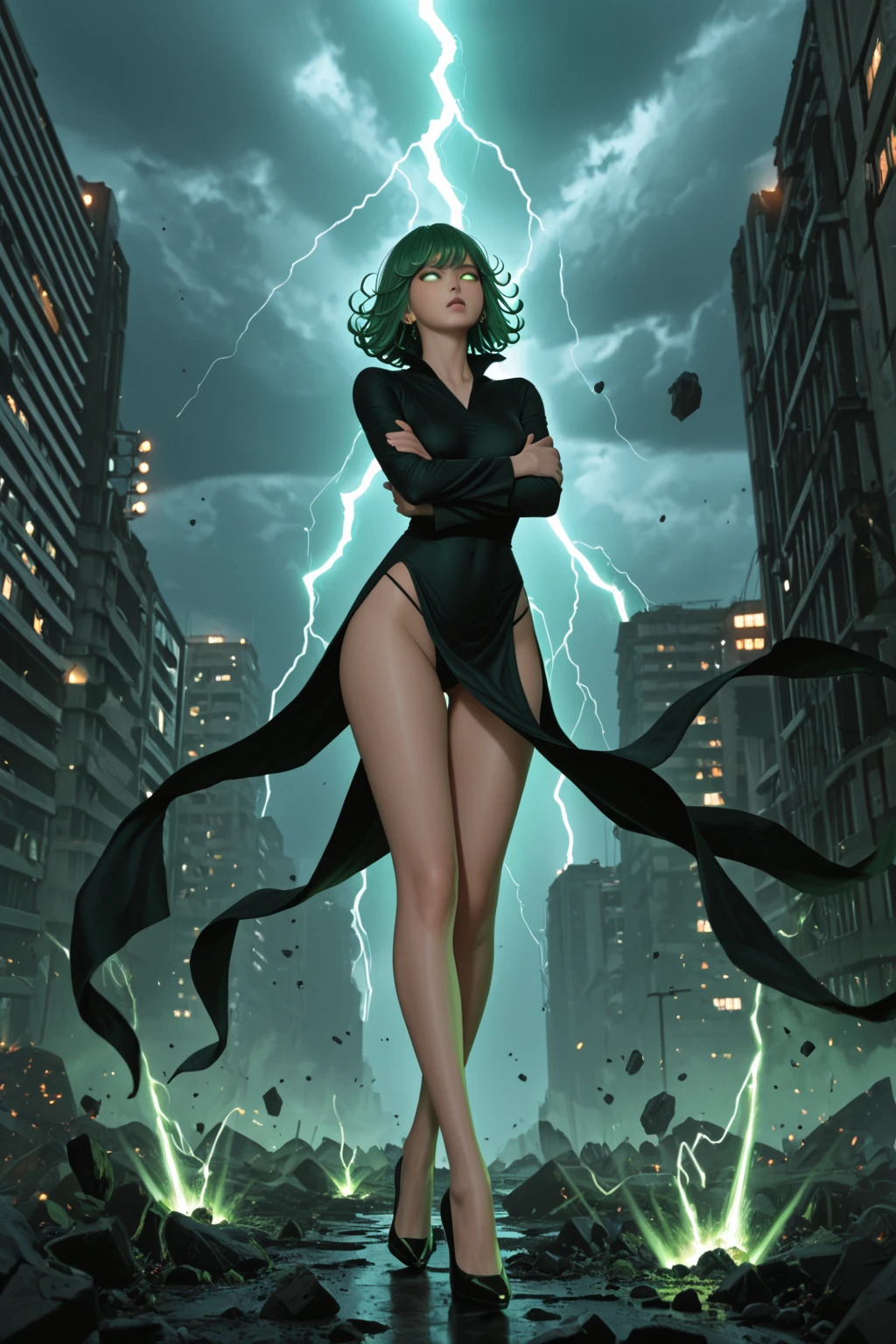 (ultra realistic,32k, masterpiece:1.2),(high detailed skin:1.1),( high quality:1.1),
<lora:opm_tatsumaki:0.8>tatsumaki, green hair,(green eyes:0.5),v-shaped eyebrows,angry, black long dress,long sleeves, solo, 1girl, thick thighs, (tattered torn clothing:1.1),  destroyed buildings, collapsed buildings,(falling rocks,falling particles:1.1),fire, smoke,  blurry background,(looking at viewer, standing, from below:1.1),, <lora:add_detail:0.8>,
(glowwave:1.1),