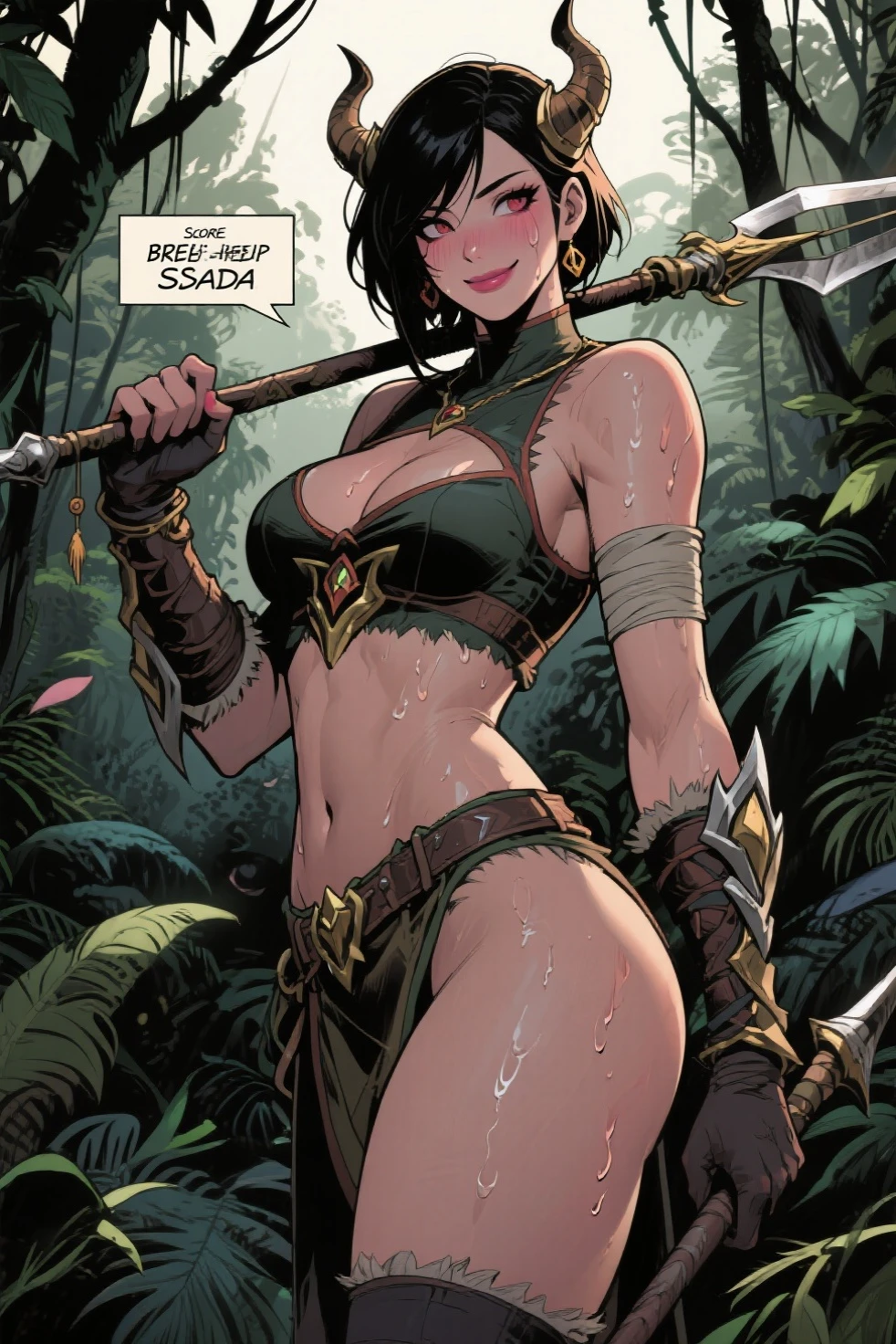 camera front, Solo, orc, girl, standing, slim, (tusks, underbite), forest, teeth, , (big lips, thick lips), embarrassed face, fair skin, ponytail, messy hair, wavy hair,, bare legs, character sheet design, bare feet, naked but nipples covered, bare butt ((small)), view from front, laughing, lighter skin, holding greatsword, covering breast with hand, covered in blood