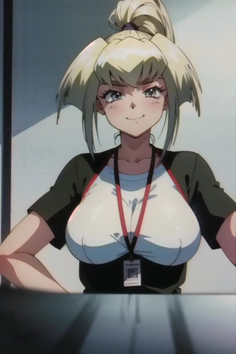 (simple white background:1.2),upper body, 1girl, looking at viewer,    standing,  masterpiece, best quality, extremely detailed 8K wallpaper,  ultra detailed, volumetric lighting,   detailed eyes, beautiful eyes, best shadow, ultra detailed,  high ponytail,  ,(masterpiece: 1.0), (best_quality: 1.0), (best quality:1.4),(shiny skin), body focus, (cute face), (((best quality))), illustration, ((Beautiful Finger)), , Beautiful body, Beautiful character design, ,perfect lighting, Colorful, Bright_Front_face_Lighting, ultra high res, highres, absurdres:1.2, bokeh:1.2, lens flare, (vibrant_color:1.2), (Beautiful, large breasts:1.2), (thick thighs:1.1), THICK, 
1lady standing, /(casual shirt/) (pencil skirt:1.1) /(id card lanyard/), (mature female) bangs, blush kind smile, (masterpiece best quality:1.2) delicate illustration ultra-detailed, large breast BREAK /(modern office indoors/), window skyscraper, look at viewer, sweet smile