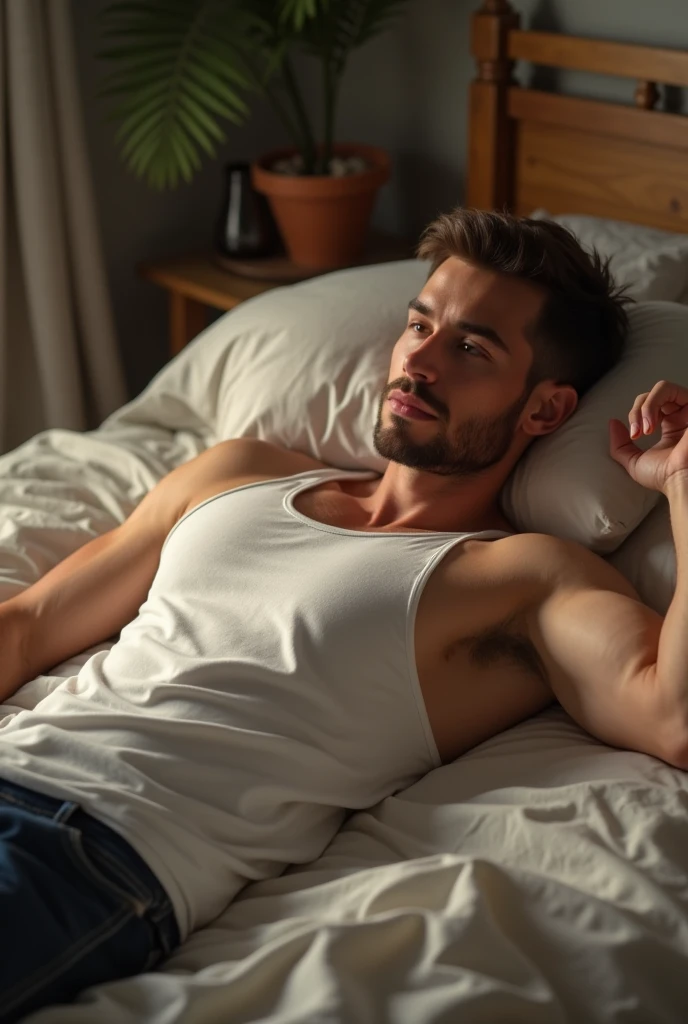 makes an image of a white man, model type, at 39 years old, dark hair, blue colored eyes, no fur, shirt branca, swim suit, lying on a hotel bed