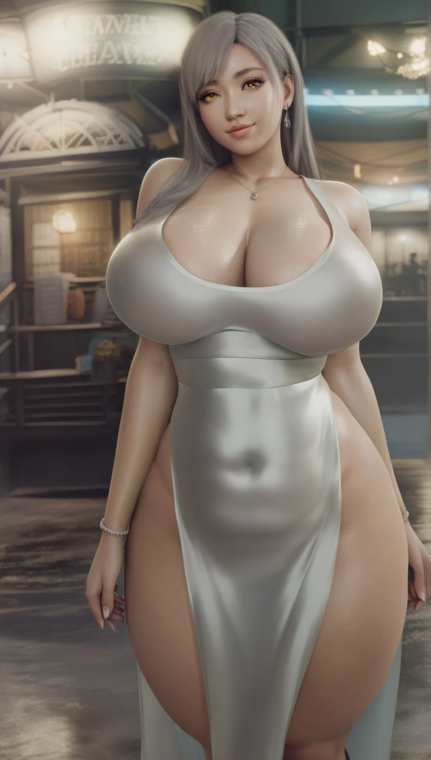 ultra_detailed, highres, absurdres, masterpieces, (cowboy shot), 1girl, looking at viewer, short hair, white hair, (tsurime), blue eyes, large breasts, cleavage, thigh, smile, (closed mouth), revealing dress, silver dress, indoor, hotel room
