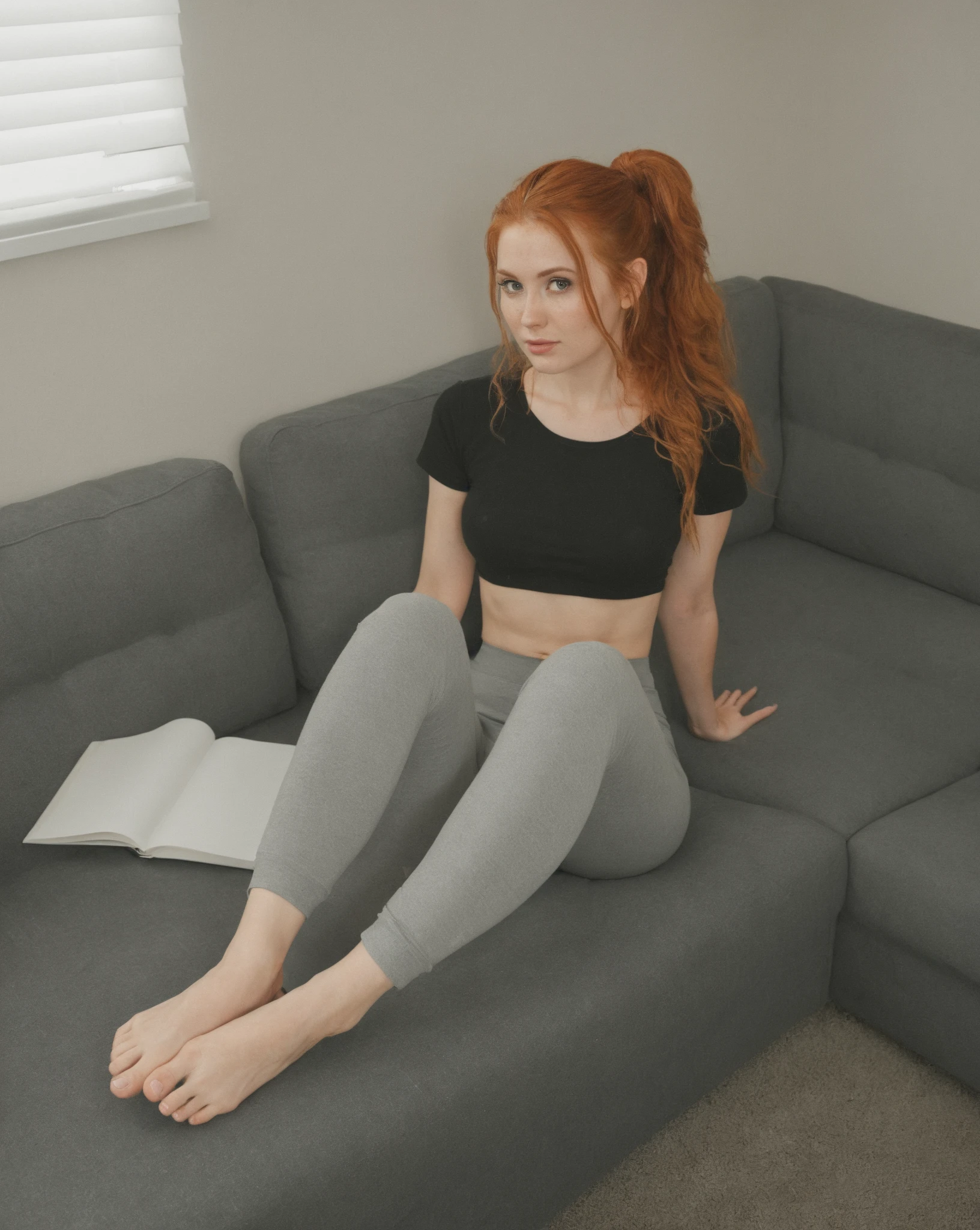 Realistic, tight dress, big boobs, cum on face, red haired, naked