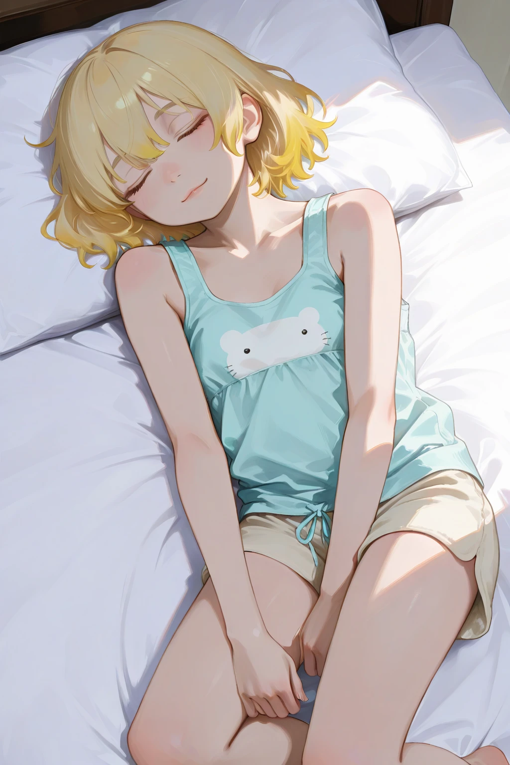 Blonde girl thrown on the bed after being used , open mouth and rolled eyes, wet and mind broken full body and young appearance she is 18 but appears to have 14 legs open