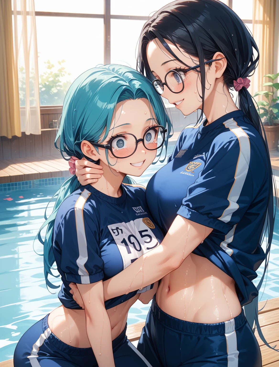 ultra-detailliert, Best Quality, High resolution, ((Two cute little girls with big faces and black hair.))、Pretty eyes、Detailed eye depiction、Eye sparkle、Sareme、Looking at Viewer, pale skin、(((Petite))), 　（nude）、(flat chest), (big glasses), (blush:1.2), （big eye：1.5）, Shy smile, NSFW,　swimming pools, Focus on the face, Long hair with braids,　The upper part of the body、from side