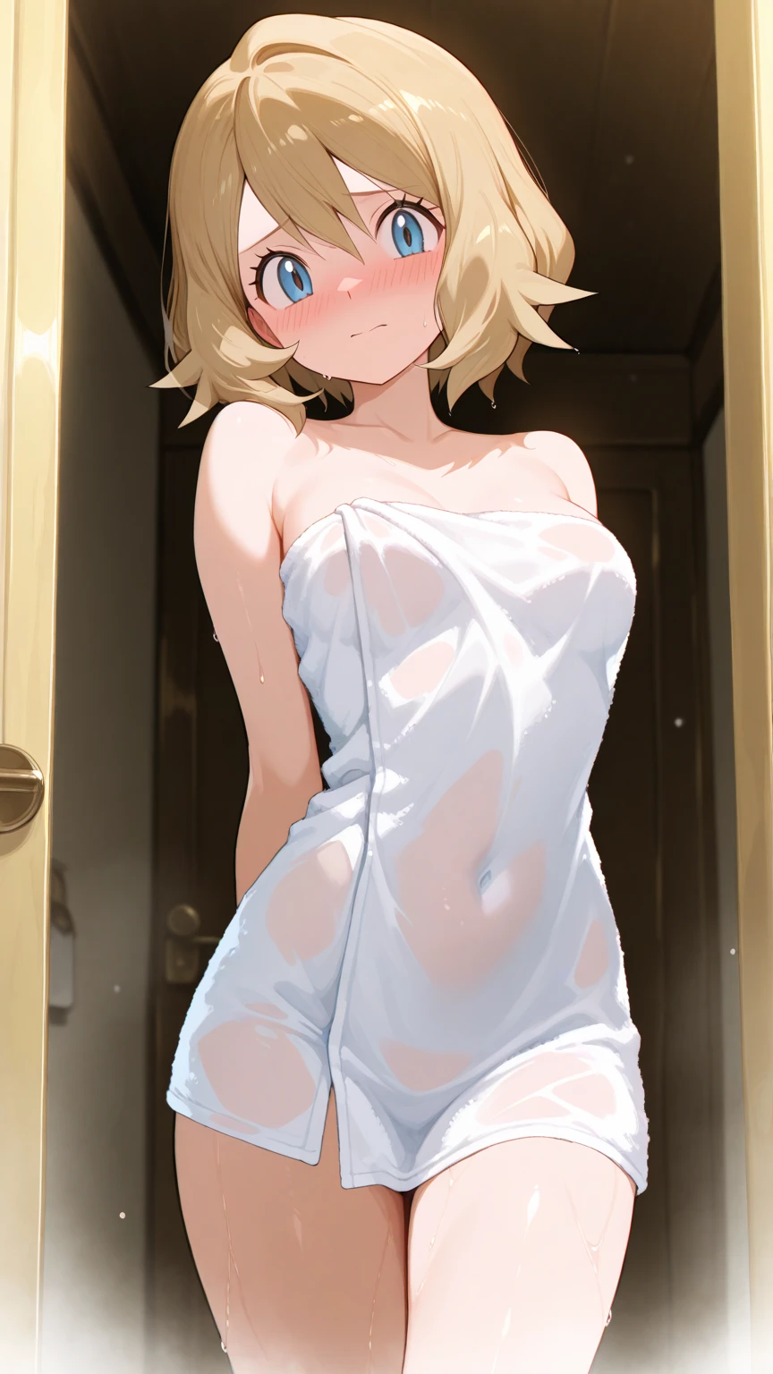 best quality, (masterpiece:1.2), highly detailed, day, (standing in the middle of a crowded street), (surrounded by crowd), 1girl, solo, cha hae-in, closed mouth, from front, looking at viewer, blonde hair, short hair, brown eyes, (breast curtains:1.4), (see-through:1.4), loincloth, harem outfit, (embarrassed:1.4), view from below, (horny:1.3), (vagina visible through curtain:1.2), (pussy:1.2)