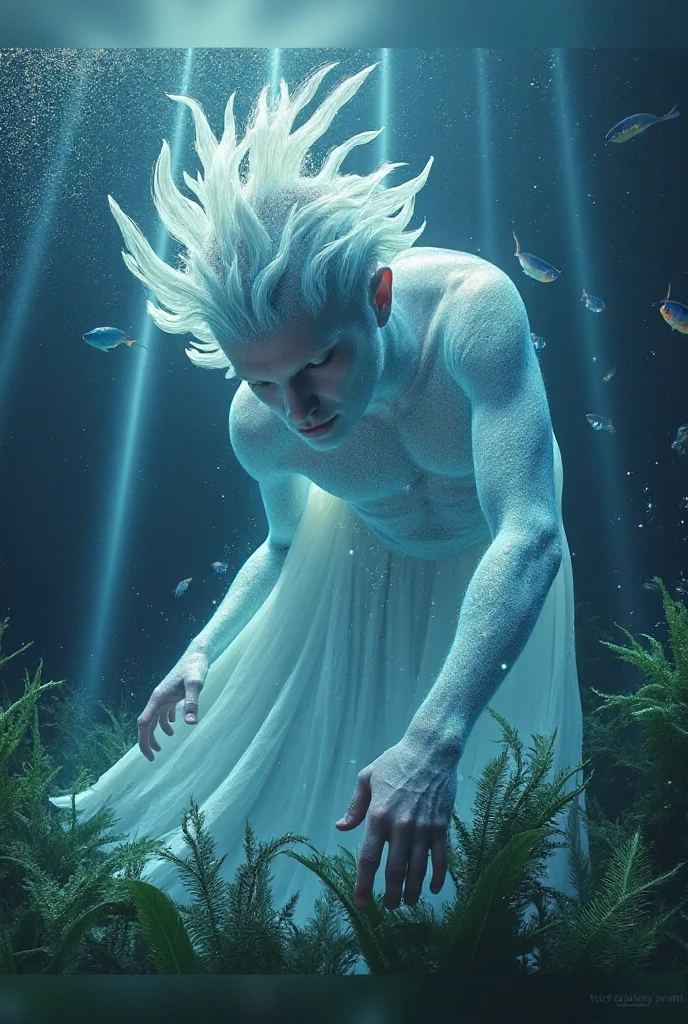 6'6 beautiful merman with pale skin slim body and white long lushy hair and masculine dark face inside a water glass tank floating and a 6'2 man, masculine hansome dark facial features standing on the other side with half buttons off from his black tshirt. They are looking at eachother 