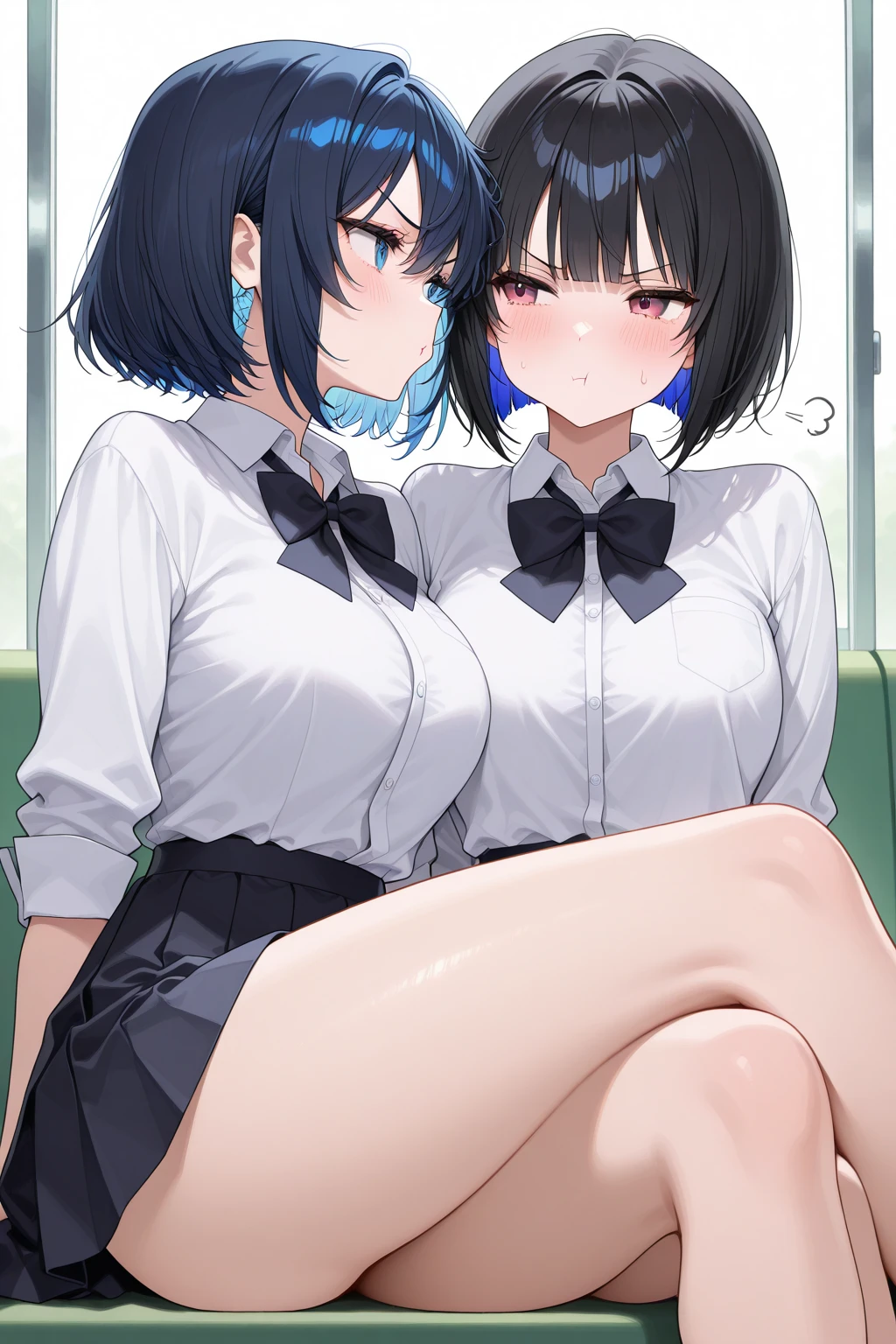 Best Quality, masutepiece, 超A high resolution、2guys、age 30s、Long black hair straight、Silver hair straight、Enchanting eyes、Face red、shairband、eye glass、On the train、molesting、lesbian、lilie、put out the tongue、the kiss、Entwining fingers、Tie your legs together、beauty legs、Navy blue suit、Tight mini skirt、Legs thin、small tits、Slimed、White lace panties、high-heels、s Office、Light blue shirt、White collar shirt。white lace bra face to face
