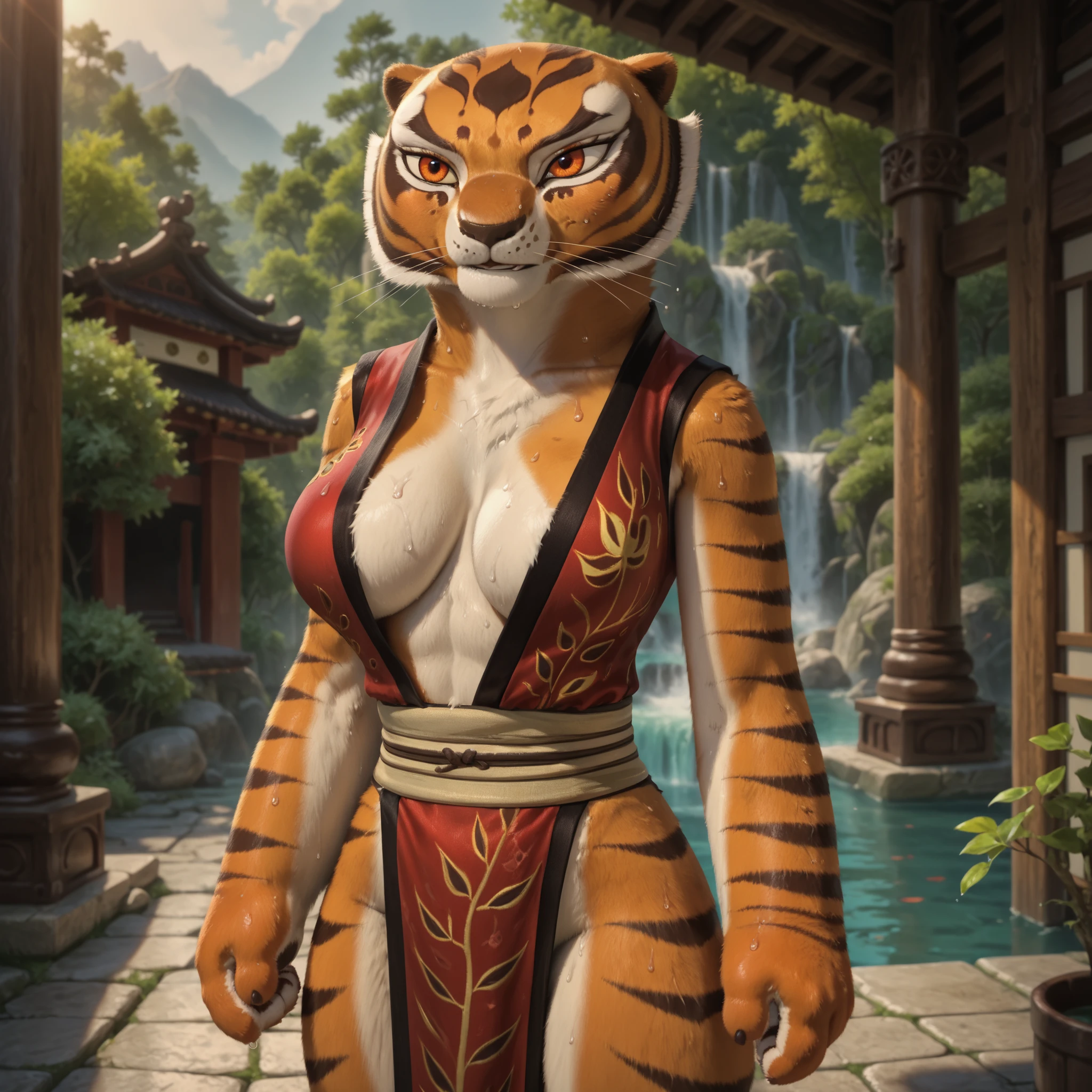 uploaded to e621, raw photo, realistic, anthro, detailed face, detailed fur, high resolution, beautiful and detailed portrait of Tigress from Kung fu Panda, Tigress, Kung fu Panda,
kenket, Ross Tran,ruan jia, uploaded to e621, zaush, foxovh, cenematic lighting, Chinese temple bl, small breast, whole body, beautiful, more combative face, solo, 1girl, kung fu clothes, fight pose