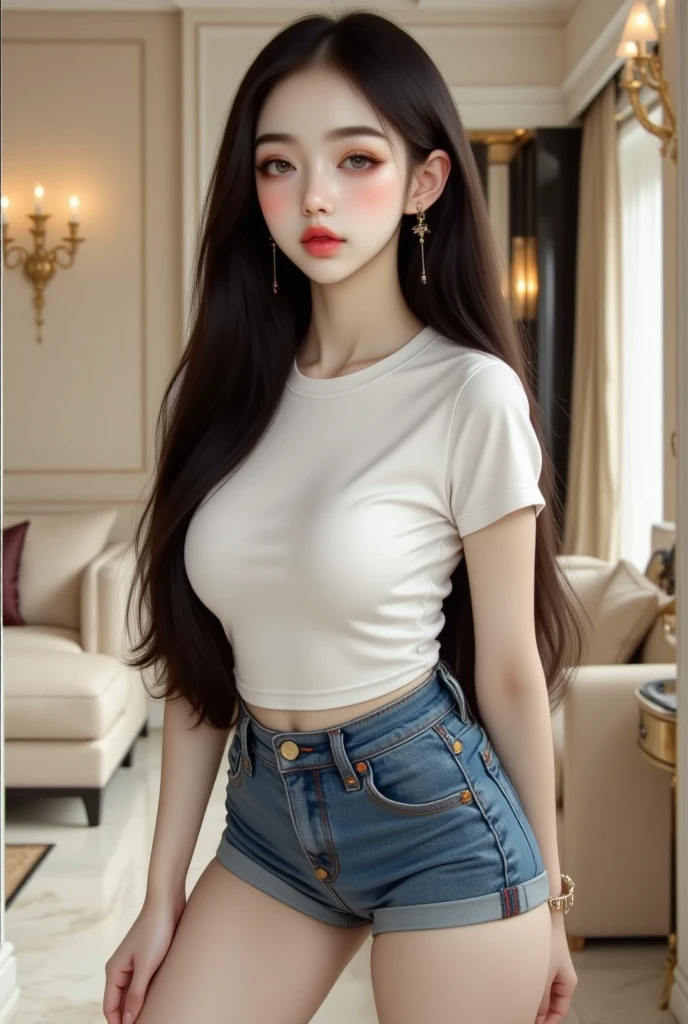 1 girl, full body shot, detailed face, cute face, peach skin tone, smooth skin, blush red cheeks and face, light smirk, long curly hair, attractive makeup, heavy makeup, long eyelashes, long eyeliner, excessive eye makeup, black smokey eyeshadow, heavy eyeshadow, glossy baby pink lipstick, glossy lips, heavy makeup, round breasts, thin waist, wide hips, wearing white lace dress with long detached sleeves, belly showing , small jean shorts , black stockings with beautiful design, cute and shy pose, soft light, studio light
