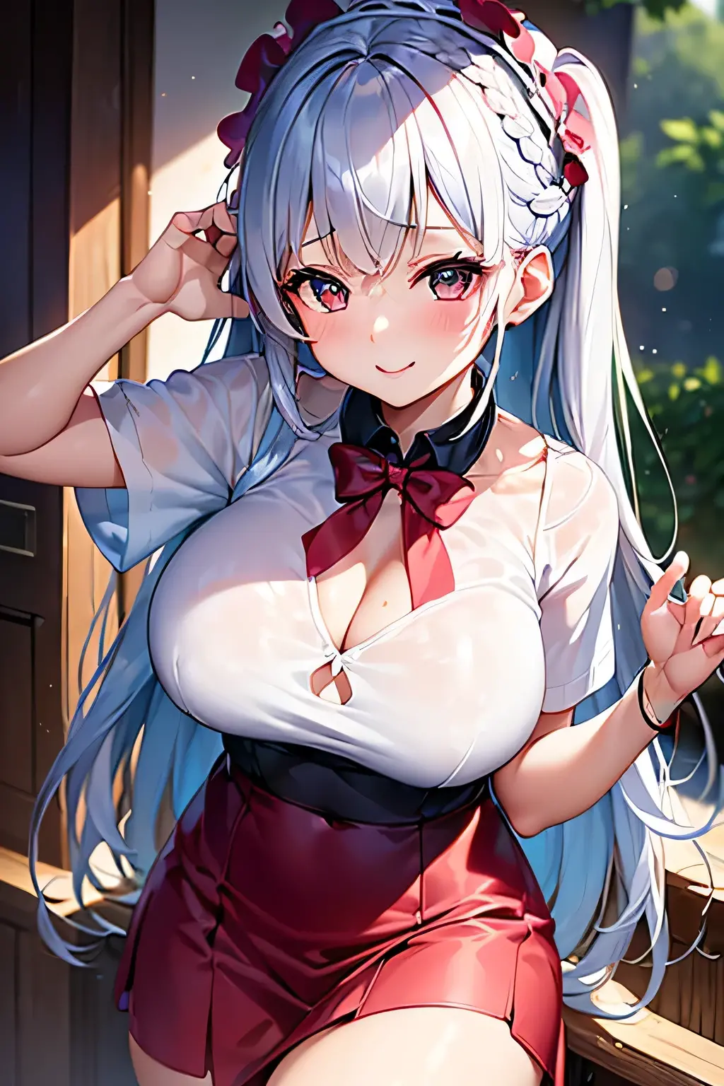 mastute piece,Best Quality,insanely detailed,8k cg,nsfw,
(shoot upper body:1.3),
(1girls:1.3),standing,looking at viewr,body in front,((both arms behind back:1.4)),(shrine maiden costume:1.3,red hakama:1.4,maid costume:1.2),break,
blush,shy,(ecstasy face),(trembling:1.2),break,(light silver hair:1.2),
break,
perfect breasts,perfect teats,(open mouth:0.9),(large breasts:1.3),
(shrine:1.1),