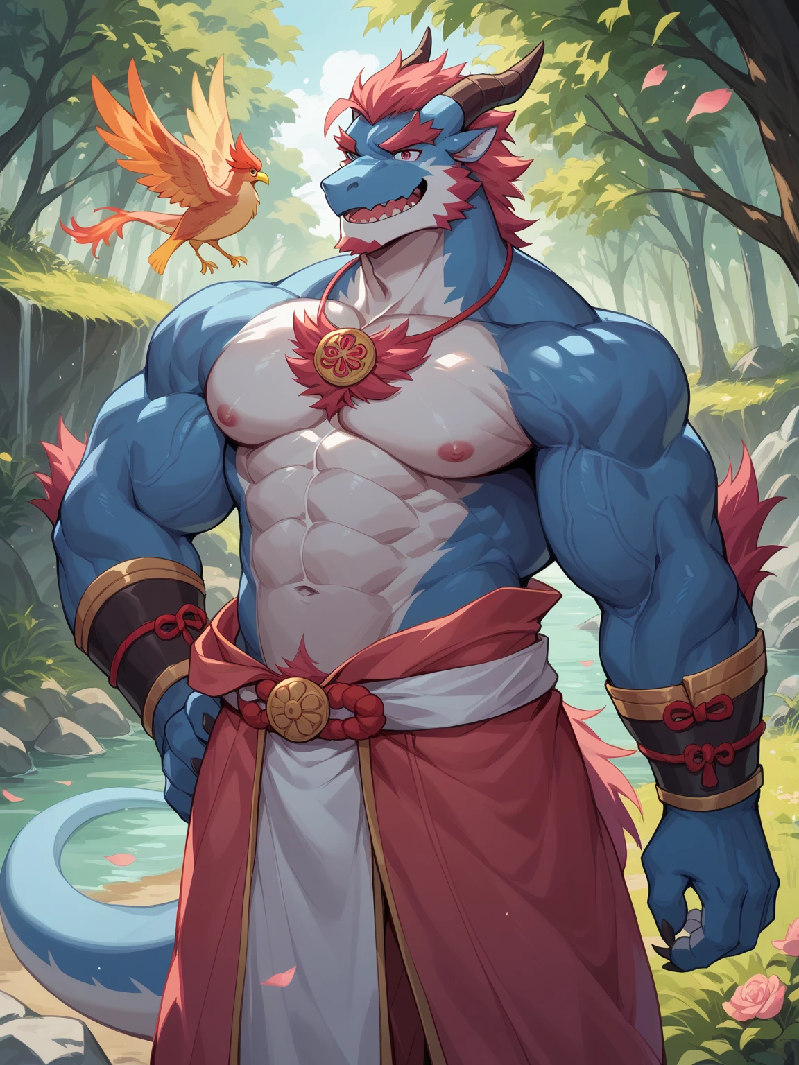 anthro, male, dragon, orange body, wild, camp, night, muscle,deatiled eyes, dark, loincloth, dim, portrait