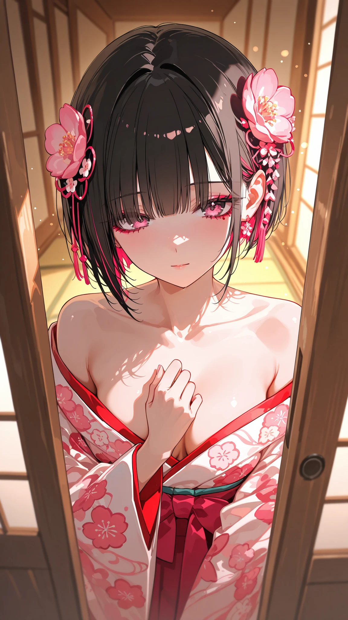 score_9, score_8_up , score_7_up , score_9,Score_9, Score_8_up , Score_7_up ,upper body portrait, young woman, black bob haircut, pink floral hair accessory (above right ear), delicate Japanese-style makeup, red-white patterned kimono (collar slightly open exposing shoulder), right fingertips touching chest, light-toned bedding background, Japanese wooden sliding door (corridor light through gap), warm indoor lighting, soft bokeh, cozy domestic ambiance