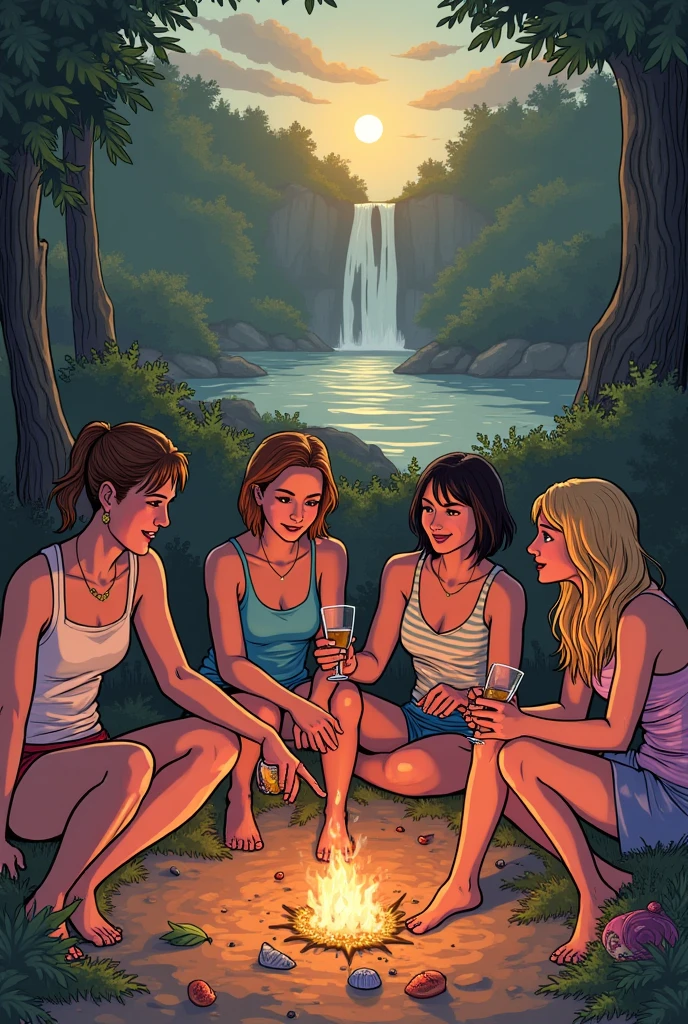 A spring in a fantasy forest, Hylas and the nymphs, 명화 'Hylas and the nymphs'의 판타지판, High drawing quality, Excellent appearance, There are a total of 7 characters, 6 women and 1 man., woman taller than man, Woman kidnapping man to the water, Clothing is underwear only, A woman's seductive eyes, 키 큰 여성, 복장은 알몸이 보일듯한