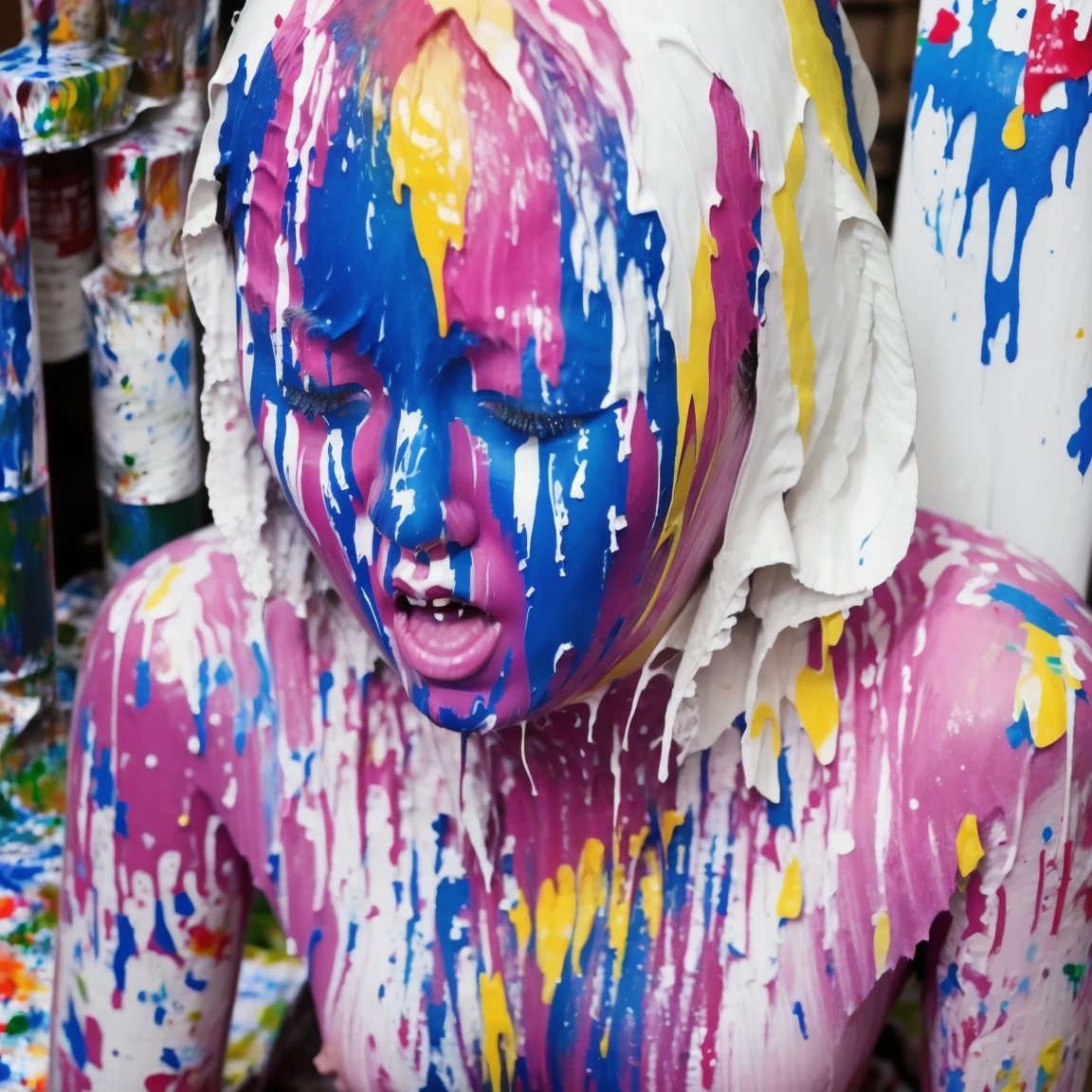 pink hair, side locks, hair clip, multicolored eyes, smile, ray tracing, anaglyph, perspective, ultra wide angle, anatomically correct, best quality, high resolution, masterpiece, best quality, high resolution), white background , ((paint splashes, color splashes, )), sweet Chinese girl, rainbow hair, pink lips, standing, full body photo, colorful pubic hair