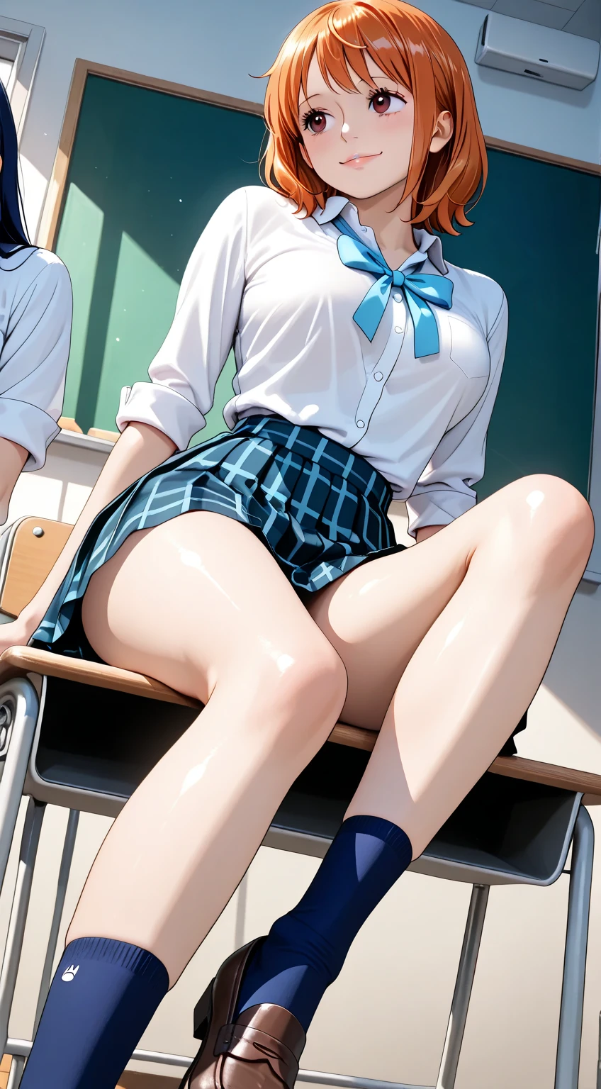 (((masterpiece, Highest quality, High resolution, 超High resolution, Perfect Pixel, Depth of written boundary, 4K, RTTX 10.0))), Beautiful Anime Woman, Beautiful art style, Anime characters, ((Smooth texture, Realistic texture, Anime CG Style)), Exact finger count、Exact number of legs、(Exact number of arms:1.0, Exact number of hands:1.0), (Perfect hands, Perfect Anatomy), Cinematic, Realistic, Extremely detailed CG, Daytime lighting, Perfect lighting, Best Shadow, The best natural light, whole body, Perfect body, Slender body, ((bangs, Dark reddish brown hair, Stylish and cute bob cut hairstyle), Long Hair), (Detailed face, Cute Face), (A grown woman standing with her own hand lifting up her skirt:1.7), (Fashionable white shirt, Sailor suit, Navy blue sailor collar, Navy blue knee socks, loafers, Navy pleated mini skirt:1.3)、Angle from the front, ((セクシーでおしゃれなLight blue panties:1.3), (Glossy satin panties, Horizontal Lace Panty:1.3), (Light blue panties:1.3)), (Beautiful big boobs), (The chest area of the shirt is tight:1.2), (Beautiful and thin thighs:1.3), Feeling embarrassed, (blush:1.2), (Very embarrassed look:1.5), (School classroom, Desk and chair, Many male students in the background, The male students are chatting.:1.4)