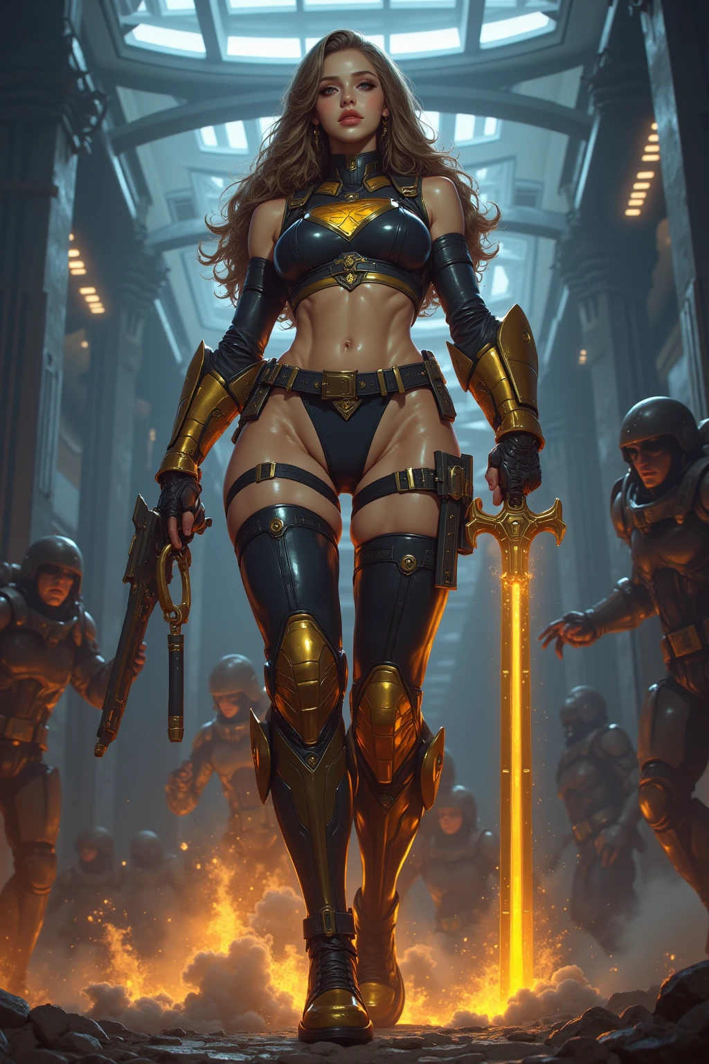 Female wearing tight gantz suit armor torn apart, black collar, corset, navel, abs, single braid, blonde, yellow glowing eyes, bright pupils, eye focus, red cape, temple indoors, stained glass windows, night, moonlight, particles, light beam, chromatic aberration, (full body, whole body. 1solo (girl) slave fighter, loincloth standing, hands on hips full body, whole body, 1solo (girl). slave fighter, standing, hands on hips, choker, big belt, view from below, feet together, bracers, tiara)