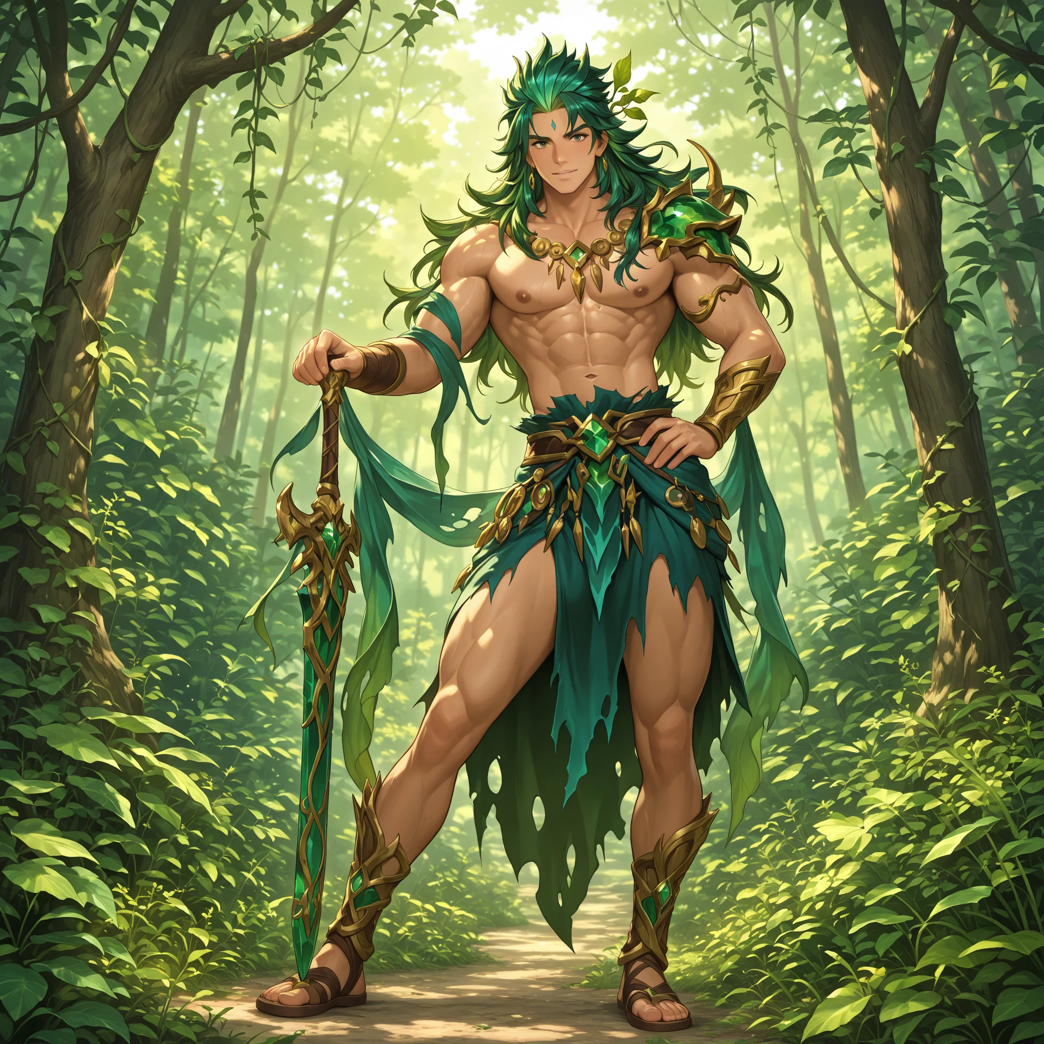 God of nature. He is represented as a man with a muscular body, with Celtic tattoos on his arms, wears a green tunic with gold ornaments, if hair is long brown and his eyes are golden like the sun, he wears Greek sandals. He is in a magical forest surrounded by animals, including a Pegasus, he also has a magical warhammer with golden runes
