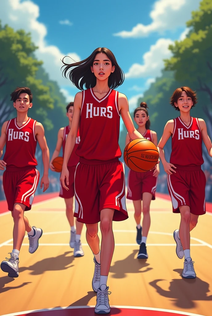 A group of three girls in basketball uniforms