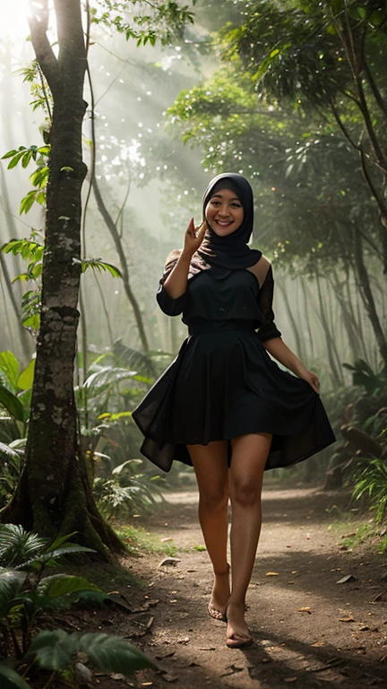 full-body portrait photograph of a young java woman hijab with polo Cap, wearing pinafore with shirt, hotpant with leggings, oversized_breasts.", she is hiking, beautiful_breasts. sensual body, in a unique, photoshot model, ((In front of flowers in the misty forest)), pullover, highres, 4k, HDR, 1girl, photorealistic, realistic, big booobs, turning away facial at viewer, closeup
