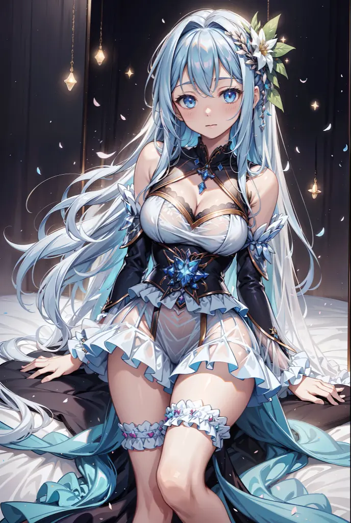 (((1 girl))), ((detailed blue eyes)), ((long silver hair)), large breasts, curvy hips, perfectly drawn body, seductive smile, white dress adorned with blue roses, best quality, masterpiece, ultra-detailed