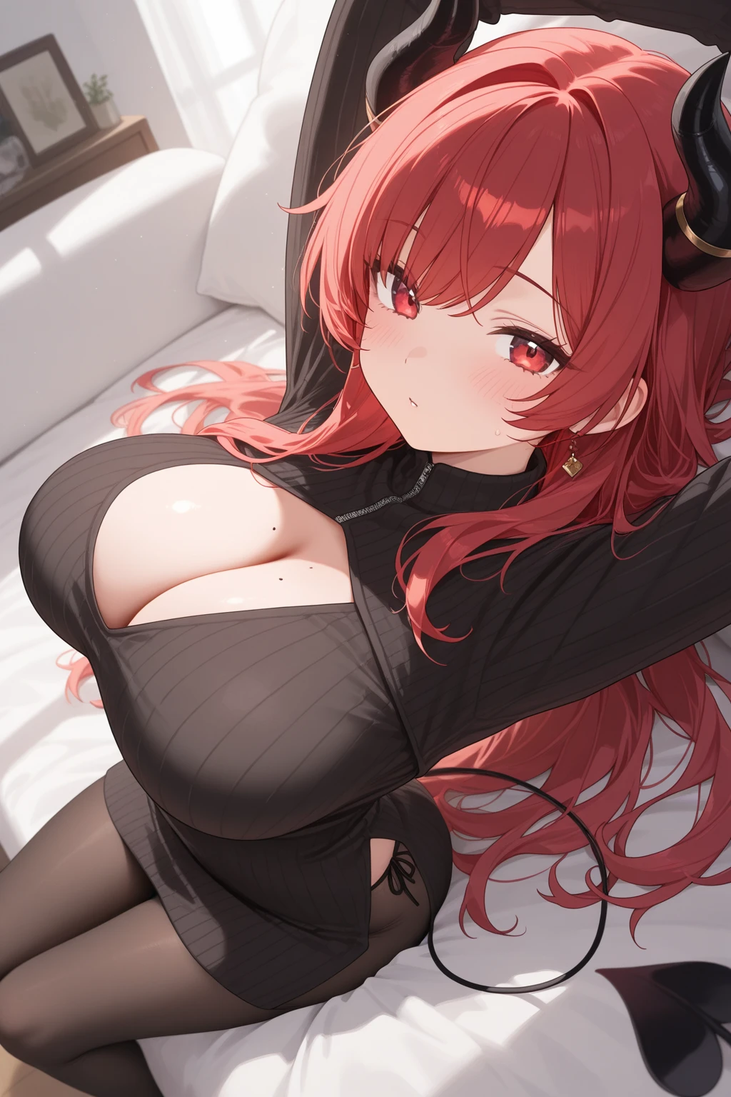 Highest quality, masterpiece , wallpaper, beautiful girl, Highly detailed eyes and face, Beautiful attention to detail, Blue Eyes , Beautiful dark red hair ,crisp finger, clear background, deep night, 20-year-old , Large Breasts、Nipples , Hairstyle Two Side Up , Mole on cheek , Ahegao , Ecstasy face , Fatty face , Sticking out tongue , Drooling from the mouth , Nakano Nino , whole body , Lots of sweat . sexy pose , Costumes Knitwear , Slut , vagina open , Straddle a man