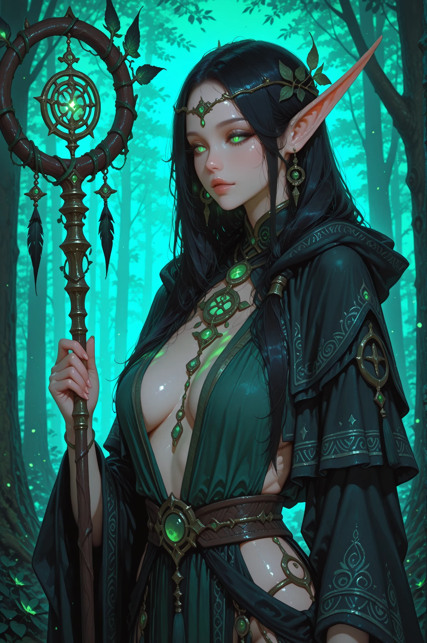 Arte visual, magic realism, Banshee espinoso, Demonio de espina rosa, rasgos faciales perfectos, pelo largo y negro y cintura, Tatuajes en mujeres, Surrounded by rattan, enredado, Enredado, bound, bound, con cuernos en la cabeza, pechos gigantes, muchas rosas, Old tree stumps, (muy oscuro: 1.3), Estilo de pintura de tinta fluida, Cara ultra clara de cerca, Epic Scene Enlarged, cara delicada, Cejas claras, Phoenix Eyes, Cabello volador, piel clara, verde esmeralda oscuro, Las hojas verdes del cuerpo se enredan en el oscurecimiento, Vista POV, Guantes de manga fluida, verde fluorescente, dynamic background