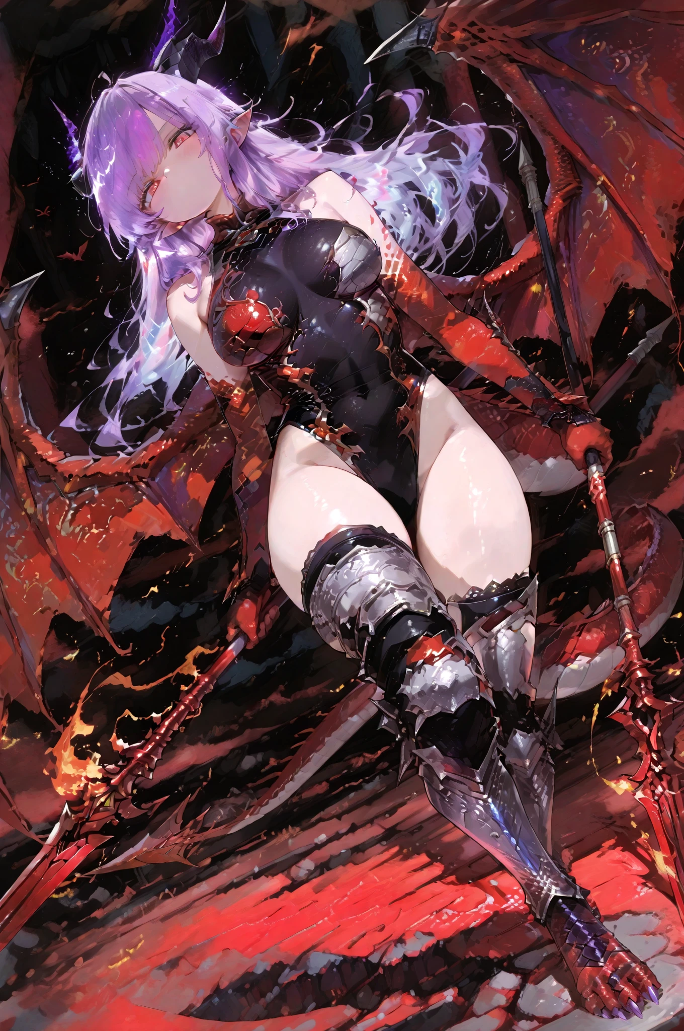 Black full body suit　Red lines all over the body　huge tit　Big ass　Whip thighs　seductiv　a smile　Bare legged　succubus　Rear view