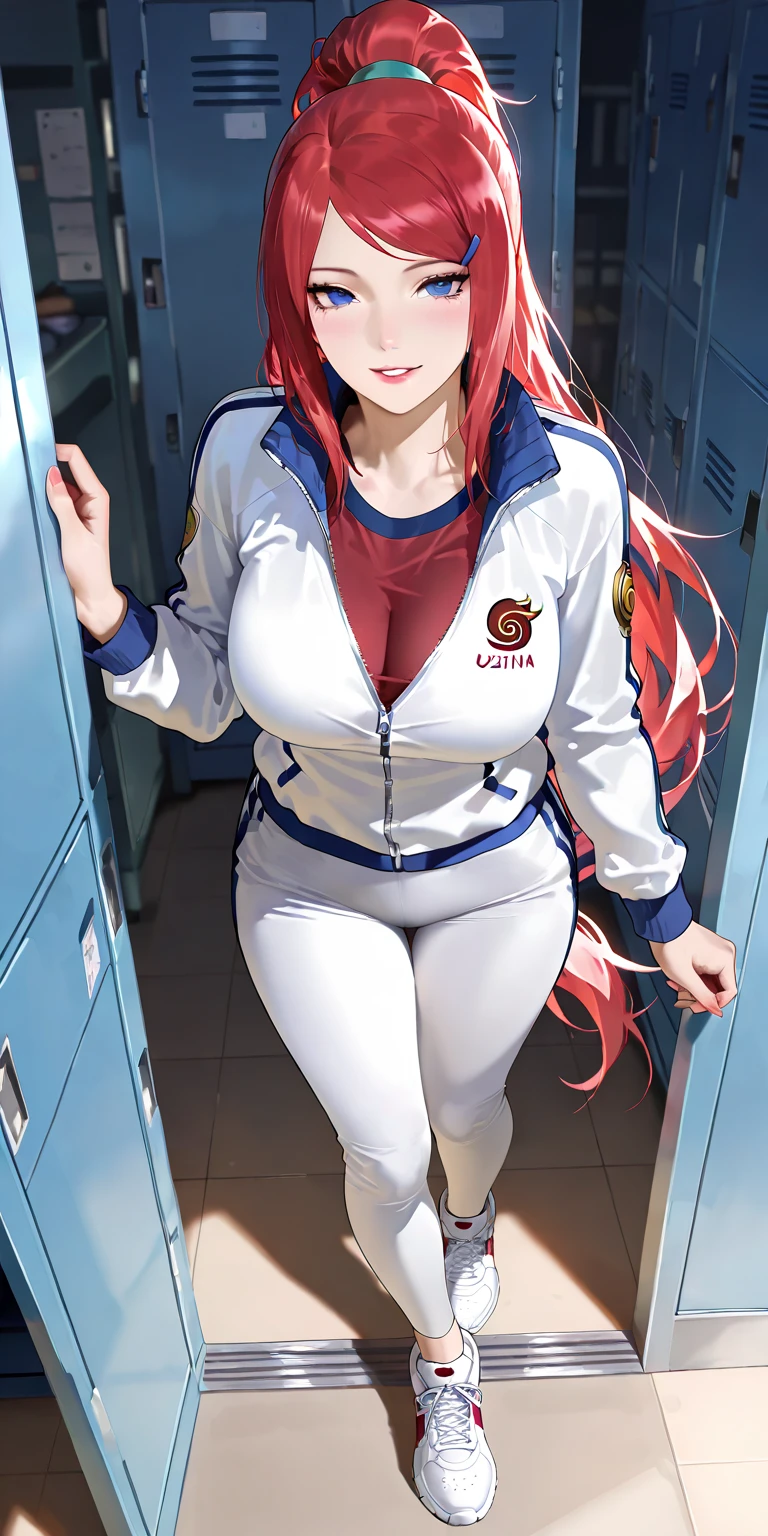 masterpiece, best quality, <lora:victoria-nvwls-v1-000010:0.9> victoria, horns, tiara, large breasts, looking at viewer, smile, red t-shirt, spandex shorts, hand on hips, hallway