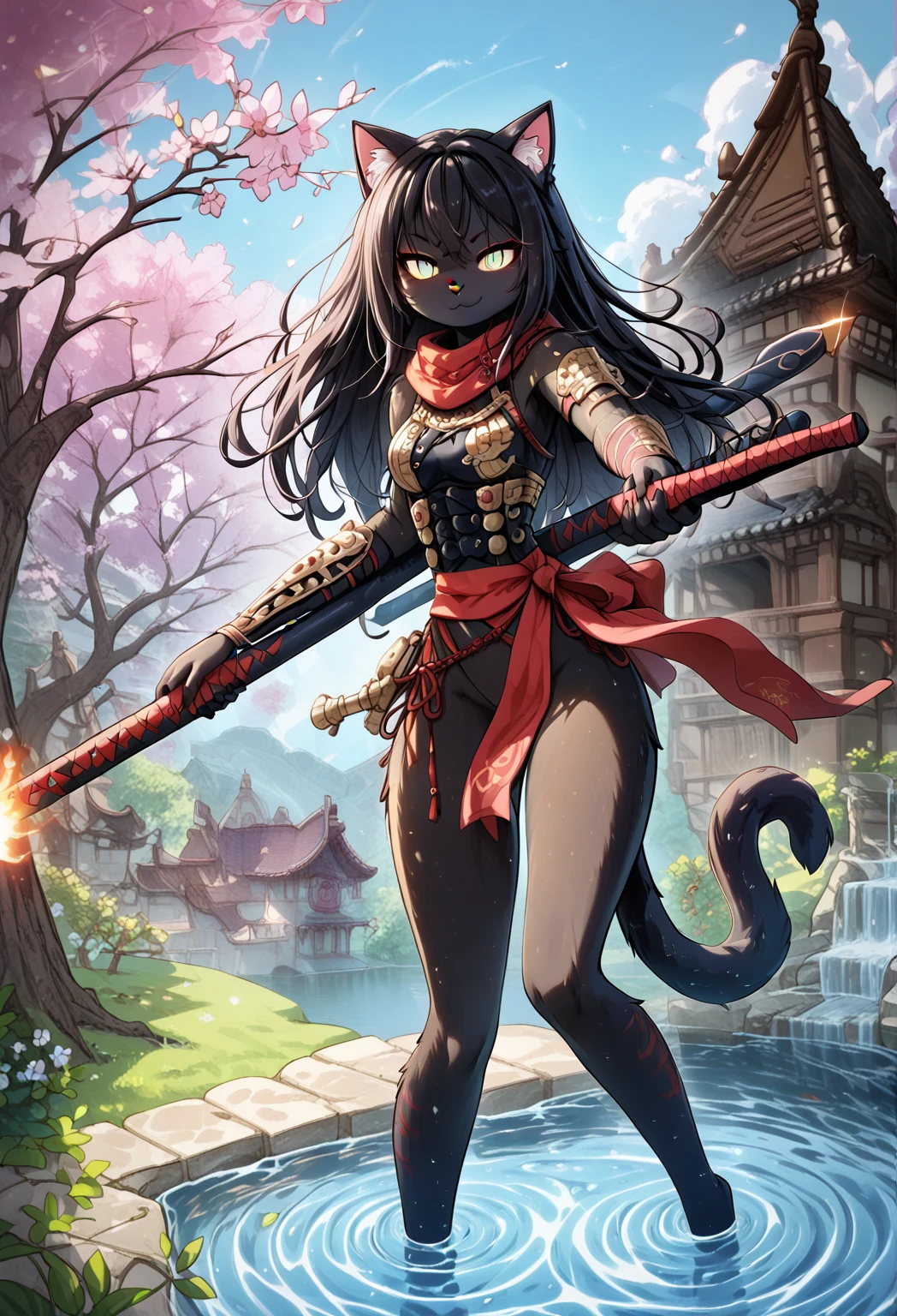 full body, of Princess Zelda as Shinobi, costume all black with gold stripes, she has large breasts, (short black hair), ((wearing Oni mask on her face)), cut scar over right eye, (green eyes), a katana attached to her waist, blood all over her clothes, she is in an ancient ninja Temple full of swords stuck in the ground, Anime, masterpiece, 16k, award winning, best quality, high details, UHD, masterpiece, anatomically correct