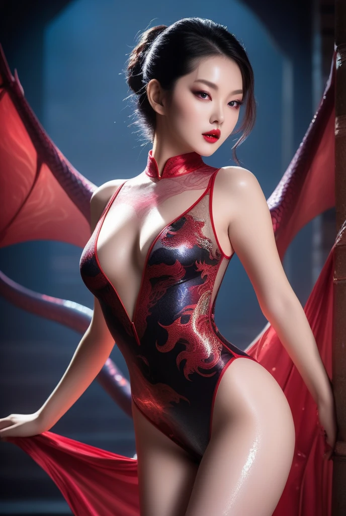 Rough Craft'S Worldから来た女性のエイリアン, highly detailed artistic photography, midnight aura, Night Sky, Detailed gorgeous face, dream-like, Shine, Backlit, Glamour, Sparkling, (very detailed face and eyes:1.2), (High resolutionの光る赤い目:1.4), Perfect Anatomy, (A beautiful, toned body:1.5), (Moisturized Skin:1.2), No makeup, (dragon:1.6),(Thick eyebrows:1.2), Long canines. Smooth, extRa High resolution, 8K, Unreal Engine 5, Ultra-sharp focus, Art by Alberto Seveso, The buds of art, Barbaric, SF, Complex芸術作品の傑作, evil, Matte Movie Poster with Image, Golden Ratio, Trending on CGsociety, Complex, wonderful, ArtStation Trends, author: The buds of art, H. R. Giger and Beksinski, very detailed, Rough Craft'S World, Cthulhu, vibration, Draw a movie character, Ultra high quality model, Cinematic Quality, Detail up, (Complex details:1.2), High resolution, High resolution, draw faithfully, (Thick eyebrows:1.2), (Big scarlet eyes:1.3)