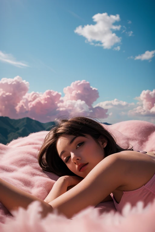 Best Quality, Masterpiece,Ultra High Resolution, (Realisticity:1.4),Original Photo, 1 Girl, light leak,dark intens shadow,wear (pink oversize bomber hoodie), wear (white short pants),black long hairstyles, plumpy body, background (80's mondrian architecture colourful motel),palm trees, sunny,summer, los Angles vibes,(from below:1.2), (realistic:1.1), (surreal:1.2), (very detailed:1.1)