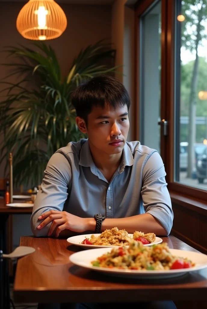 Create a realistic a 9th grader boy with a nationality is Filipino American who is eating in a classy restaurant in los angeles