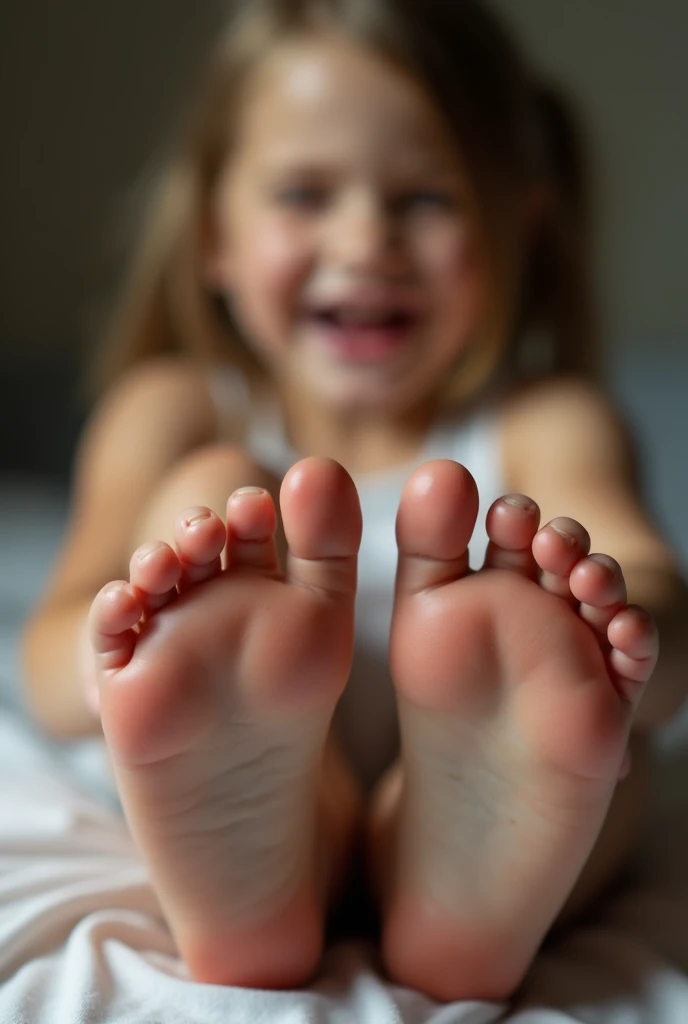 Make a 7 year old girl showing the soles of her feet
