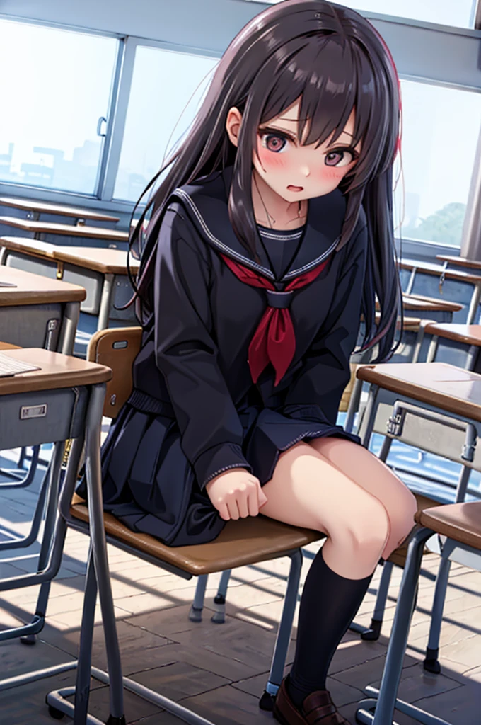 A girl,School Uniform JK,Blush Blush,Short skirt,Smile,open mouth,White,Classroom,Classroom desks,black leather boots