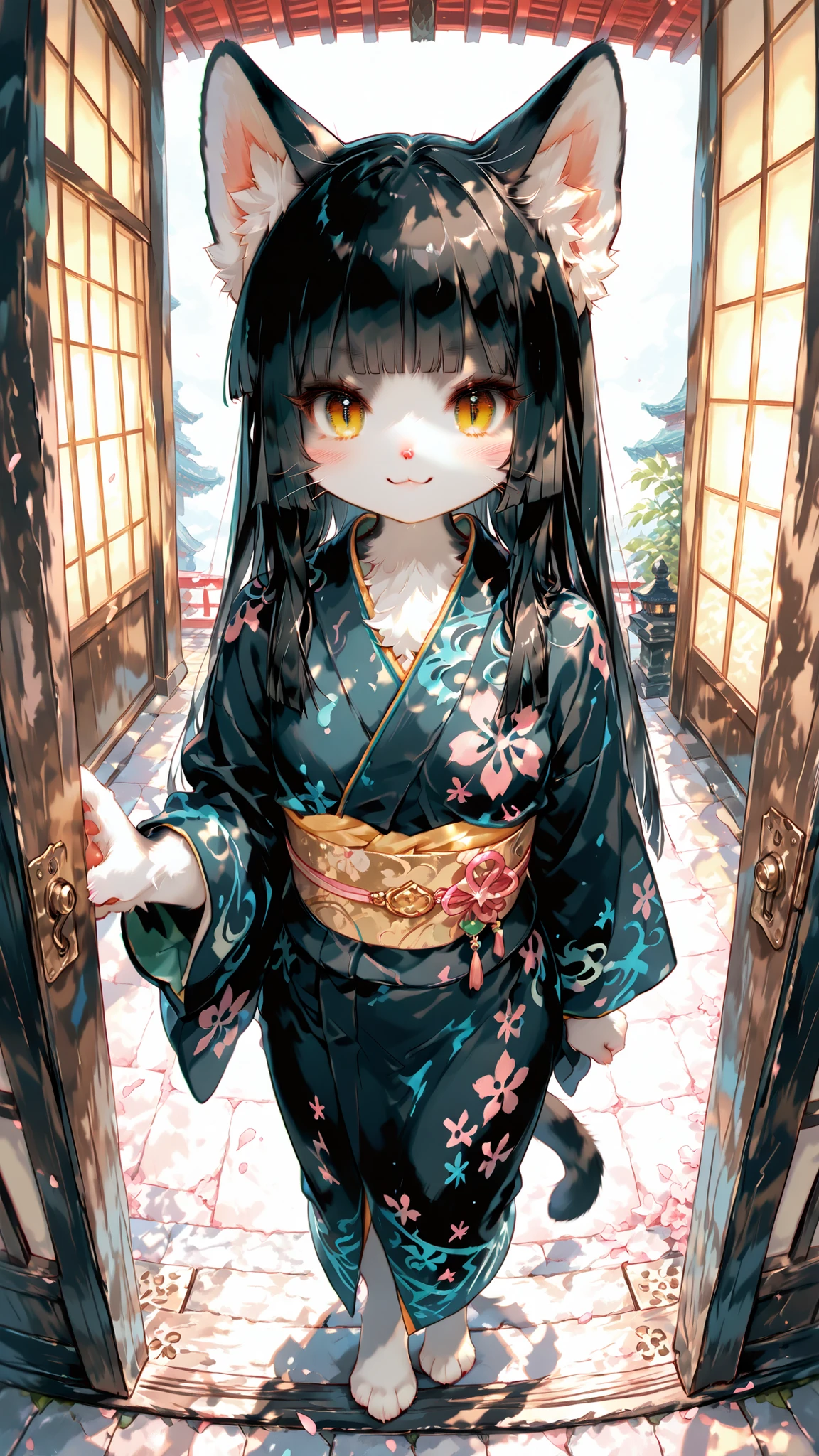 highest quality, Ultra High Quality, 64k, Beautiful and delicate anthropomorphic girl, cute cat girl, black hair, (furry),
beautiful gold eyes, perfect eyes, cute face, thin, (cat ear), ((cat tail)), 
best smile, ((small breasts)), small waist,
black hair, long hair, ((hime cut)), Long pointy sideburns, (hurisode), (kimono),
perspective, (detailed lighting), rim lighting, ((sharp focus)),